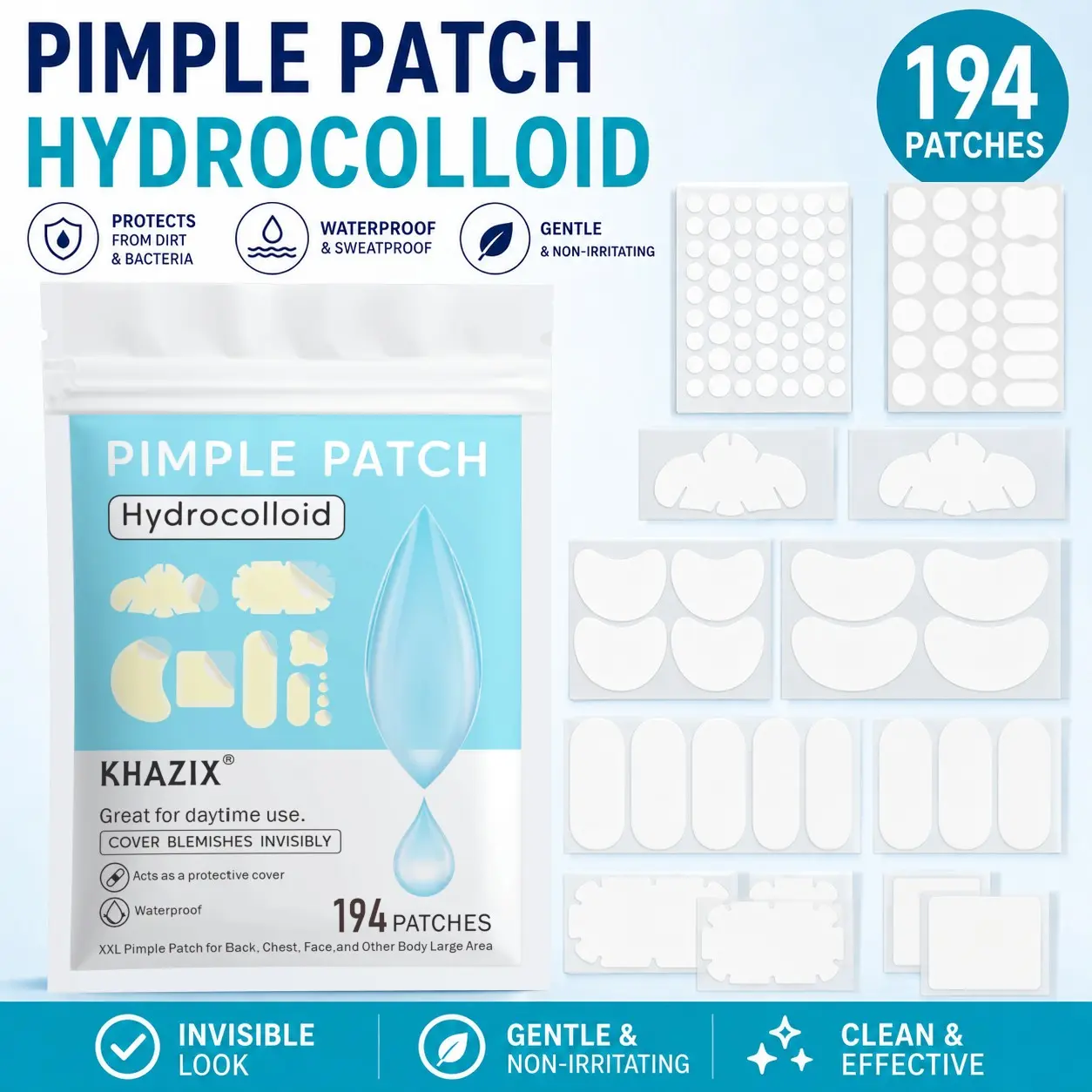 194pcs Transparent Acne Patches, Clear Pimple Patches, Perfect Fit, Instant Coverage, Anti Blemish, Covers Blemishes, Acne, Pimples, Scars, Invisible Acne Concealer, Daily Face Care, Gentle