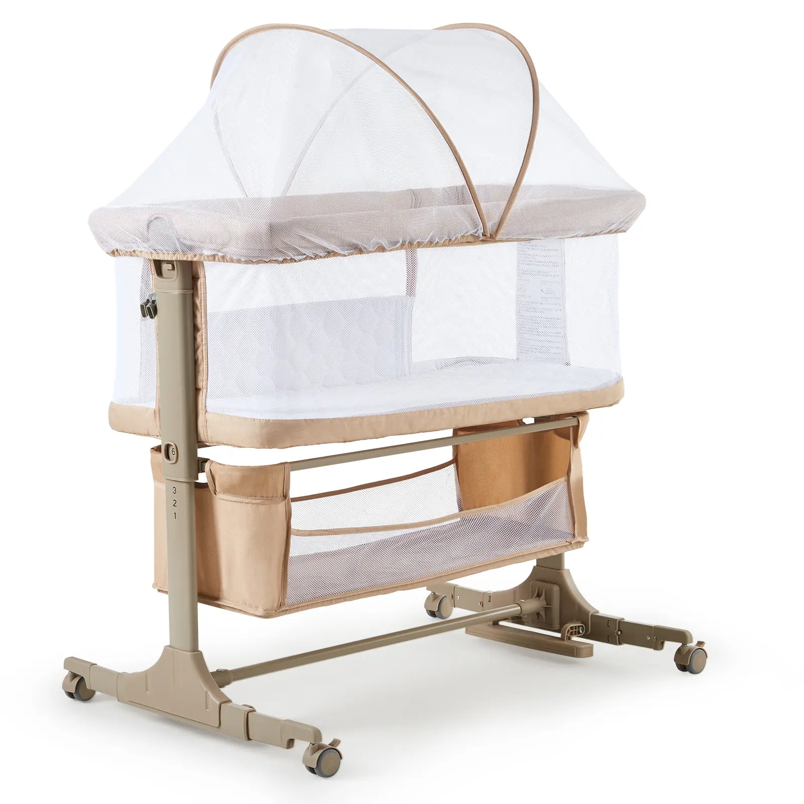 3-in-1 Bedside Sleeper Baby Bassinet – Adjustable Height, Convertible Infant Bedside Sleeper Crib with Wheels, Removable Mosquito Net & Storage Basket – Ideal for Newborns & Infants