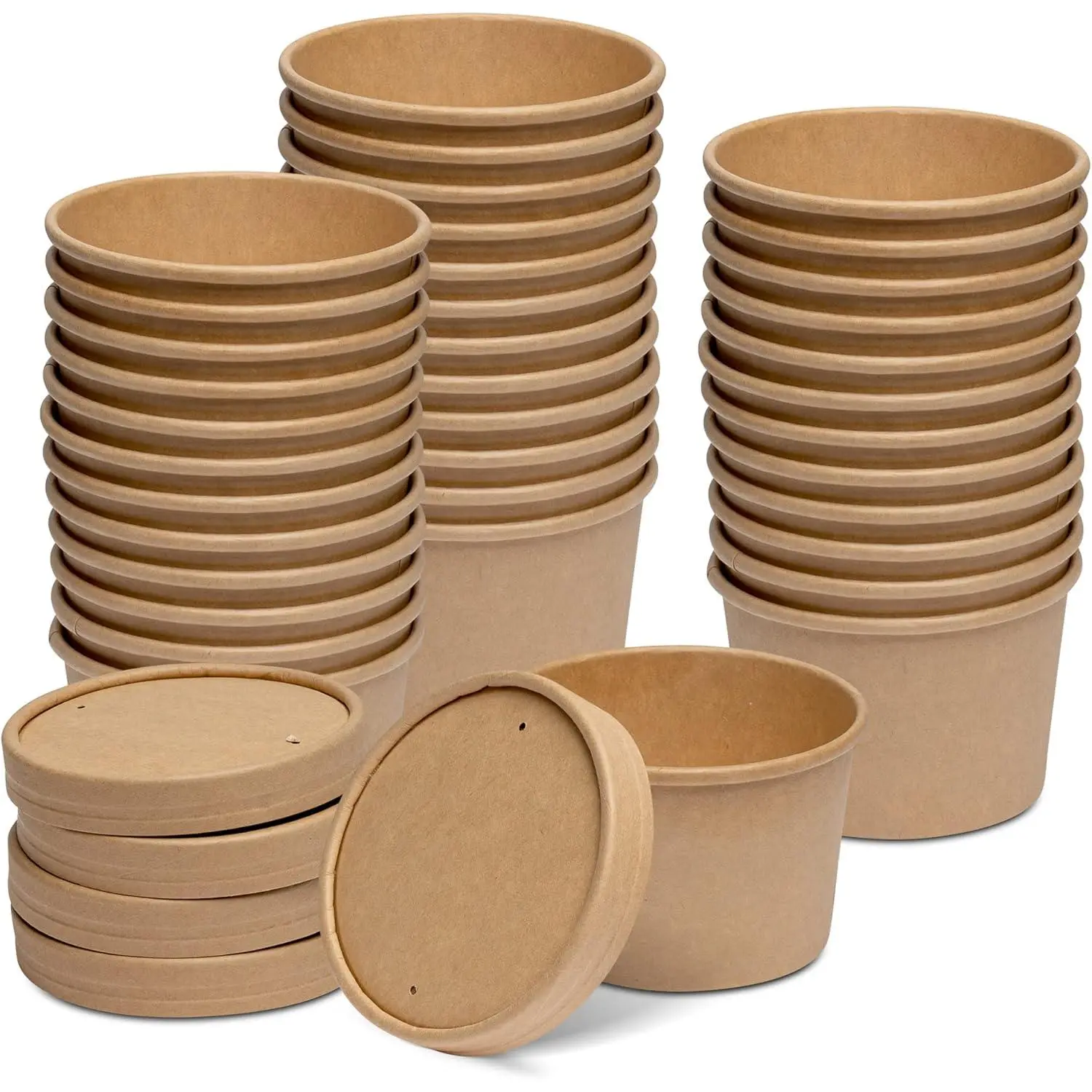 8oz Vented Lid Kraft Paper Containers (25 Count) - Stackable Disposable Takeout Bowls, Ideal for Hot Soup & Cold Foods, Party Ice Cream Cups (Formerly Comfy Package), 25 Count - Kraft