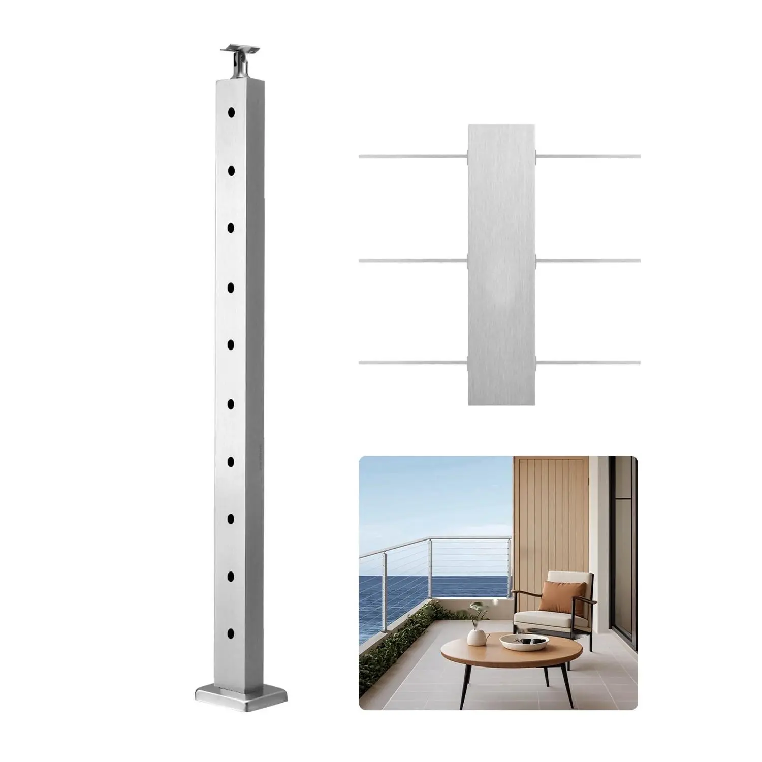 36" Height Silver Stainless Steel Cable Railing Post Kit, Pre-Drilled Pickets with Mounting Bracket for Level Deck Safety & Stairs, DIY Wire Rope Railing, 36x0.98x1.97 Inches