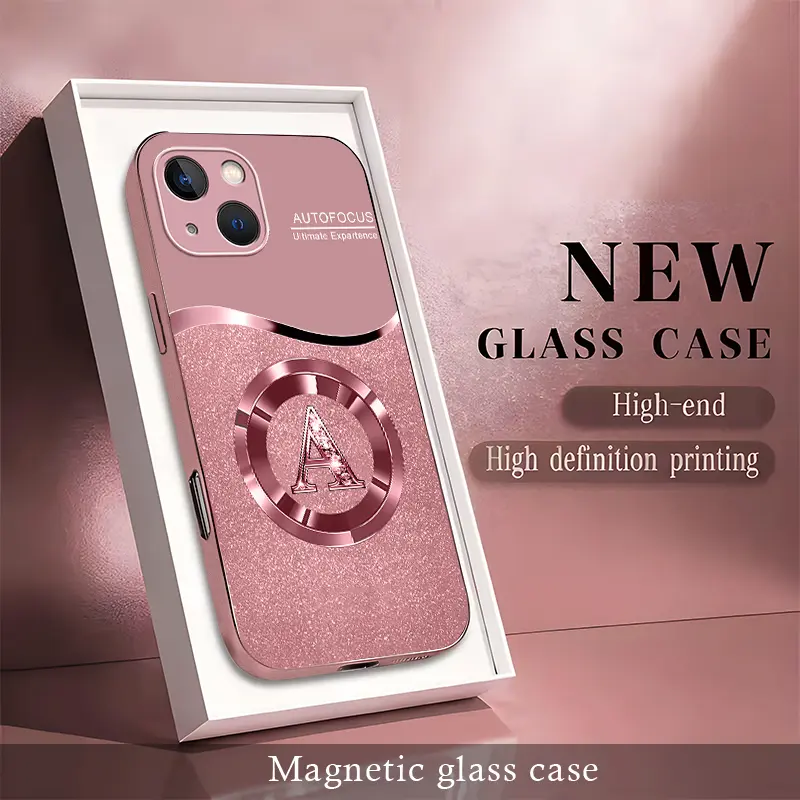 Personalized Initial Letter Rhinestone Magnetic Case for iPhone 14, Luxury Glitter Glass Cover with Lanyard Wrist Strap  ----975