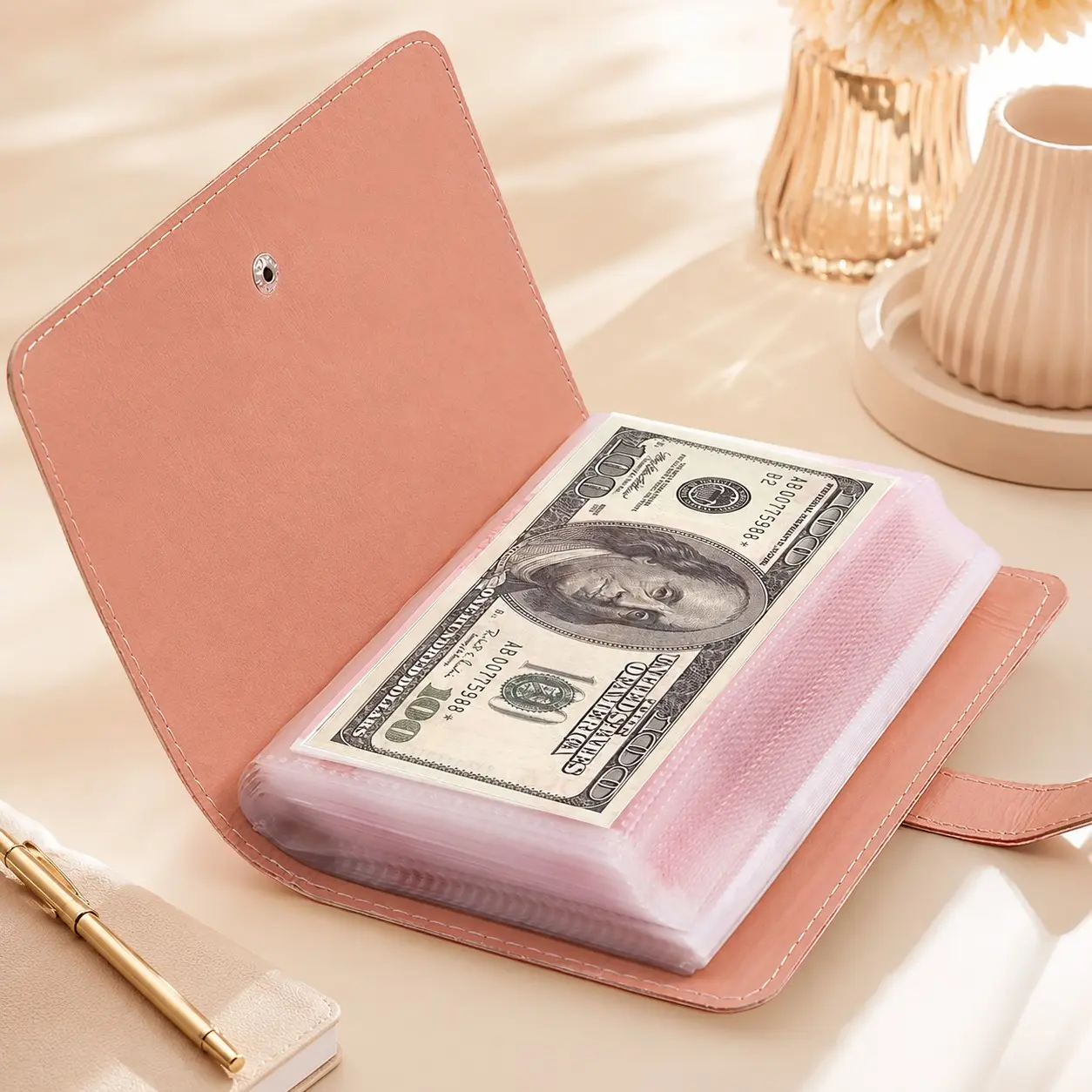 A6 Cash Budget Binder Wallet, Money Saving Organizer, Savings Tracker Organizer, Large Capacity Sleeves, Holds 100 Bills, Budget Planner for Cash Envelopes, Cards, Photos