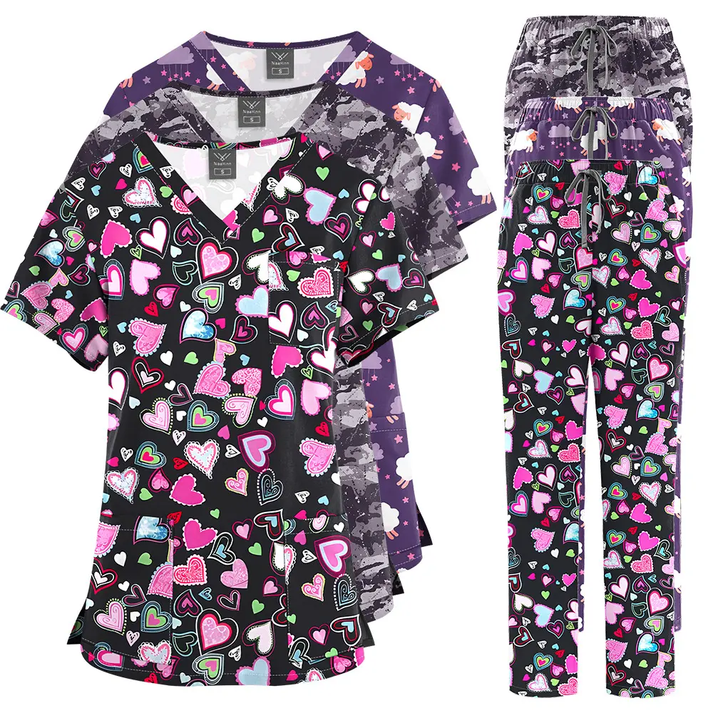 V-neck cartoon print scrub suit set for SPA beauty salon, medical nurse uniform, unisex workwear two-piece set