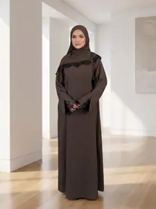 New Muslim Women's Abaya Two-Piece Set, Islamic Clothing Set, Long Dress + Headscarf, Contrast Lace, Elegant, All Seasons, Nida Fabric, Chiffon Headscarf Included