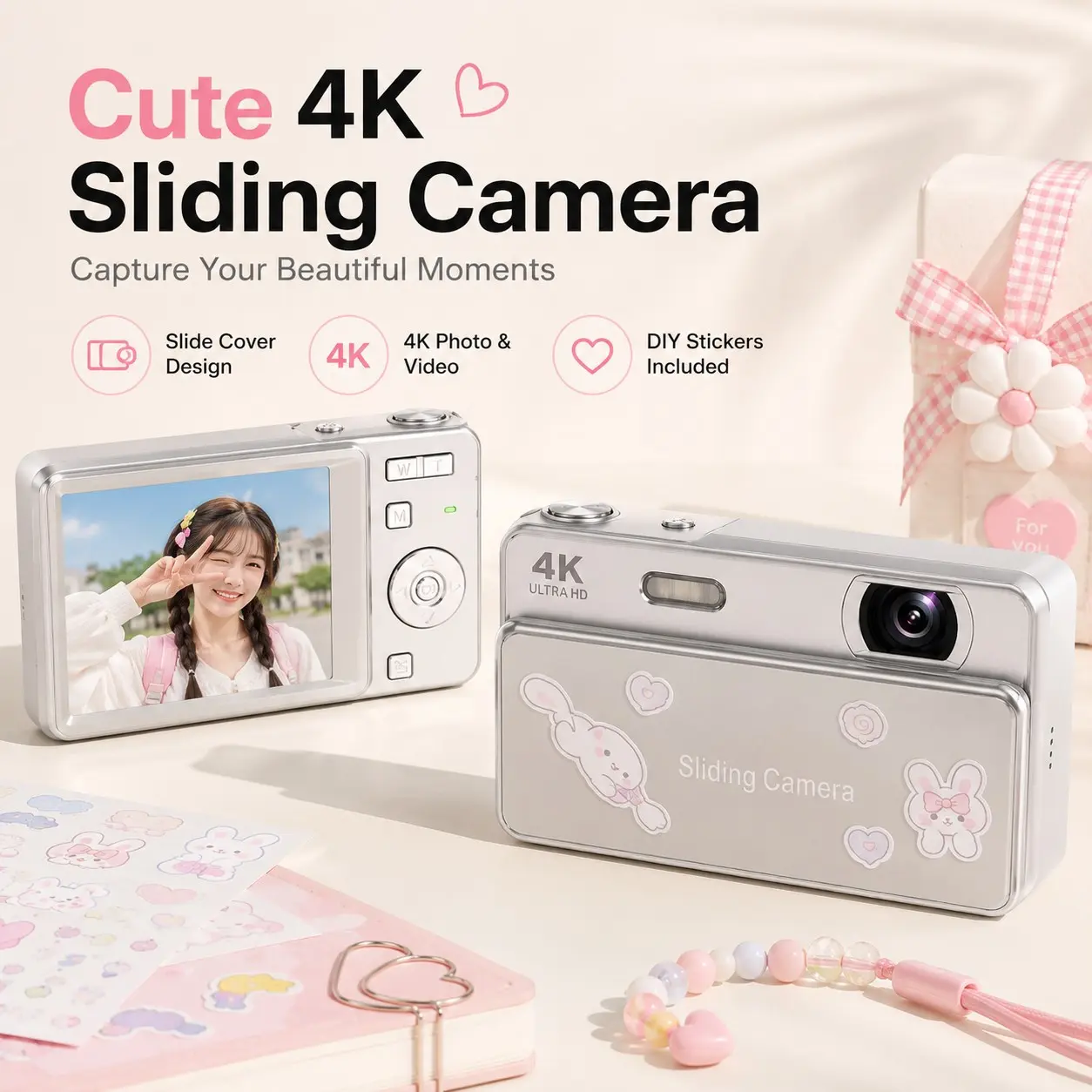 4K HD Digital Camera for Photos & Videos, Cute CCD-Style Campus Camera with Slide Cover, Includes 4Stickers, Perfect Birthday Gift for Girls, Girlfriend & Friends