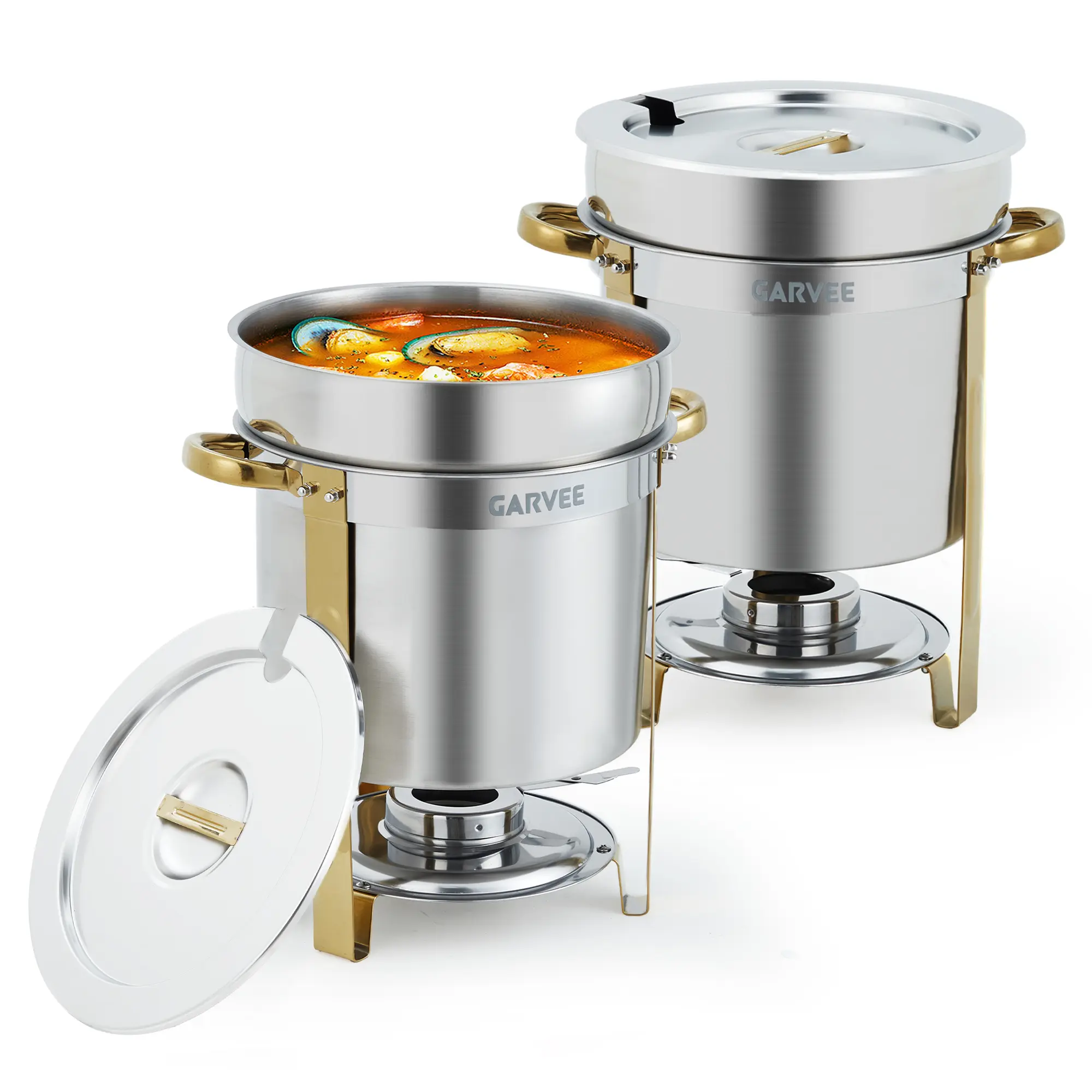 Garvee 7QT Round Stainless Steel Soup Chafer Warmer with Pot, Notched Lids & Fuel Holders, Commercial Cookware Sets for Buffets, Weddings