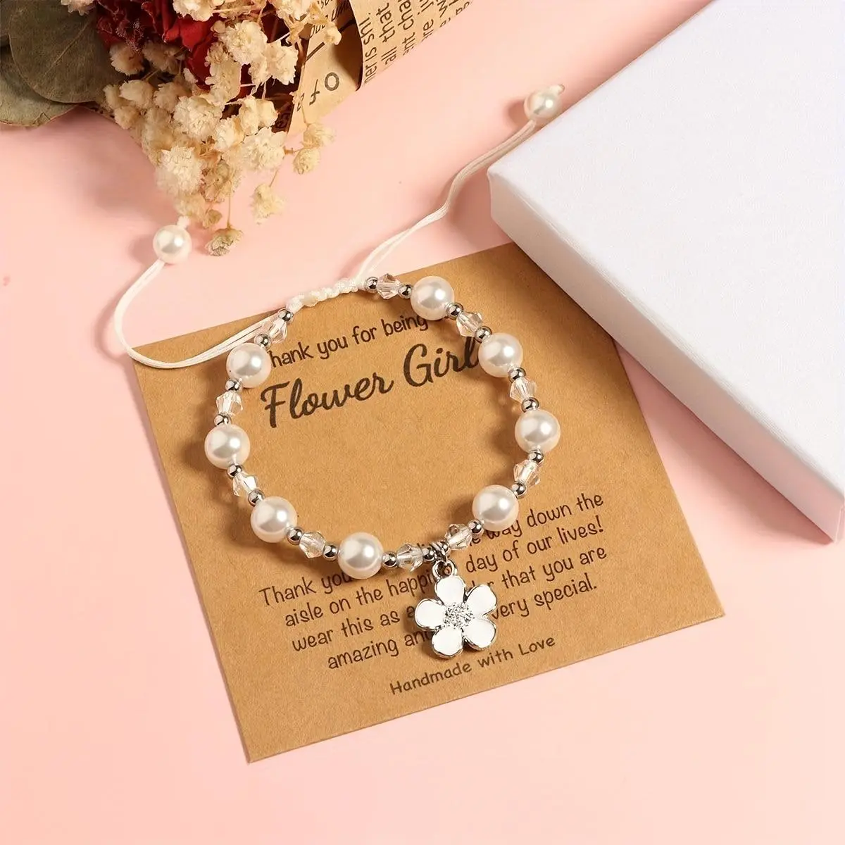 Elegant Pearl Floral Bracelet with Shiny Decorative Details, Adjustable Acrylic Jewelry for Flower Girls, Ideal Accessory Gift for Weddings and Special Events, Pretty Bracelet