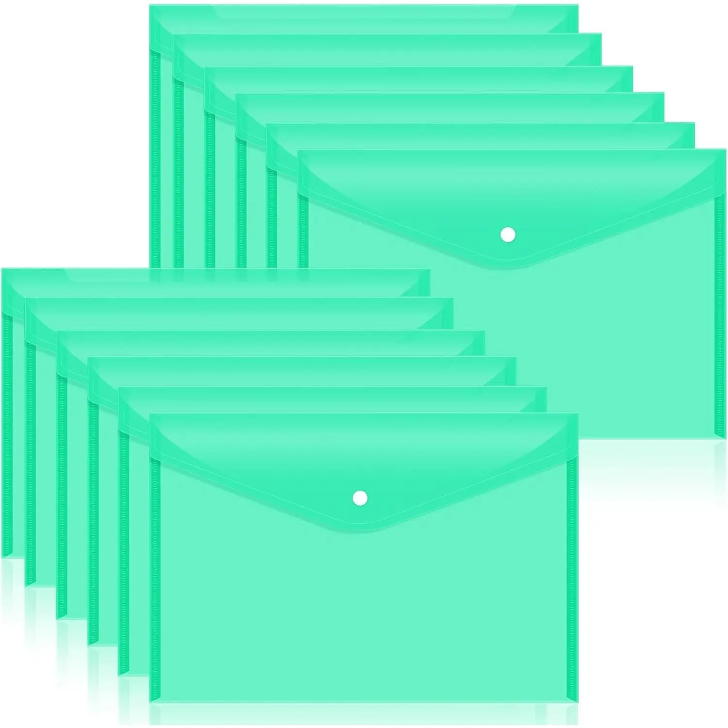 12pcs Plastic Filing Envelopes with Snap Button Closure Clear Document Folders for Letter A4 Size Files Poly Folders for School and Office Supplies Green