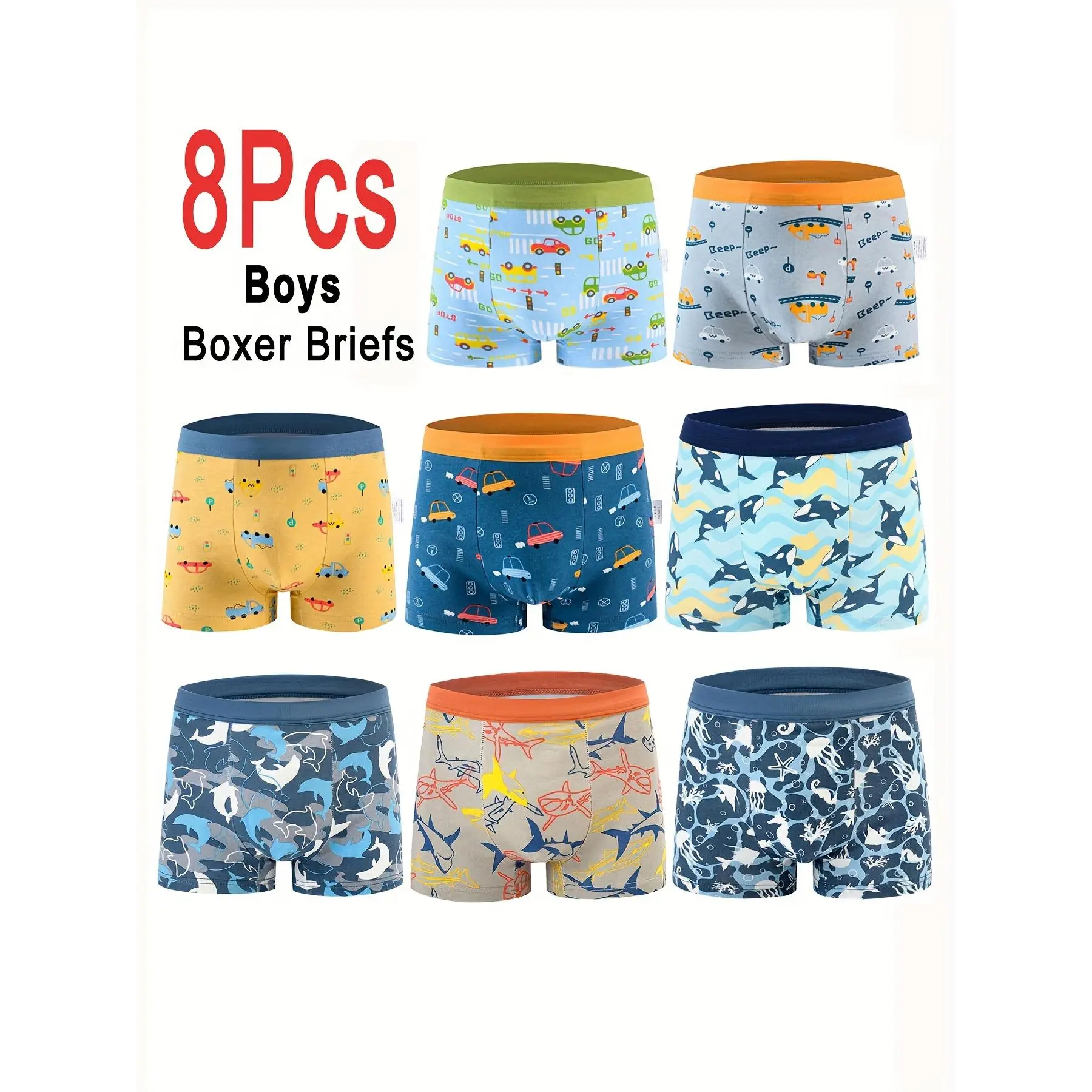 Boys' 8-Piece Boxer Briefs - Cute Cartoon Mixed Prints Short Trunks, 3-14 Years Kids Sports Underwear for Daily Wear, Everyday Use, Machine Washable
