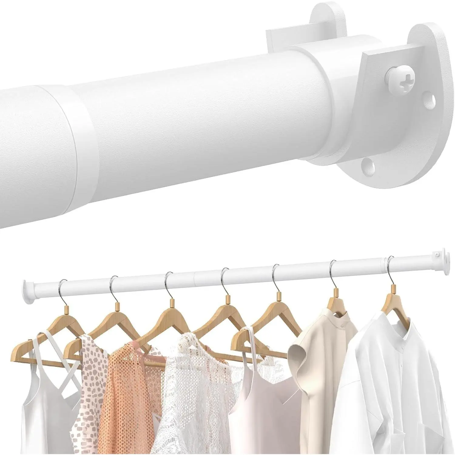 Closet Rods for Hanging Clothes, 17 to 69 Inches Stepless Adjustable Metal Closet Rod, 1.3 Inches Heavy Duty Clothes Hanging Rod for Closet Wardrobes Laundry RV, White