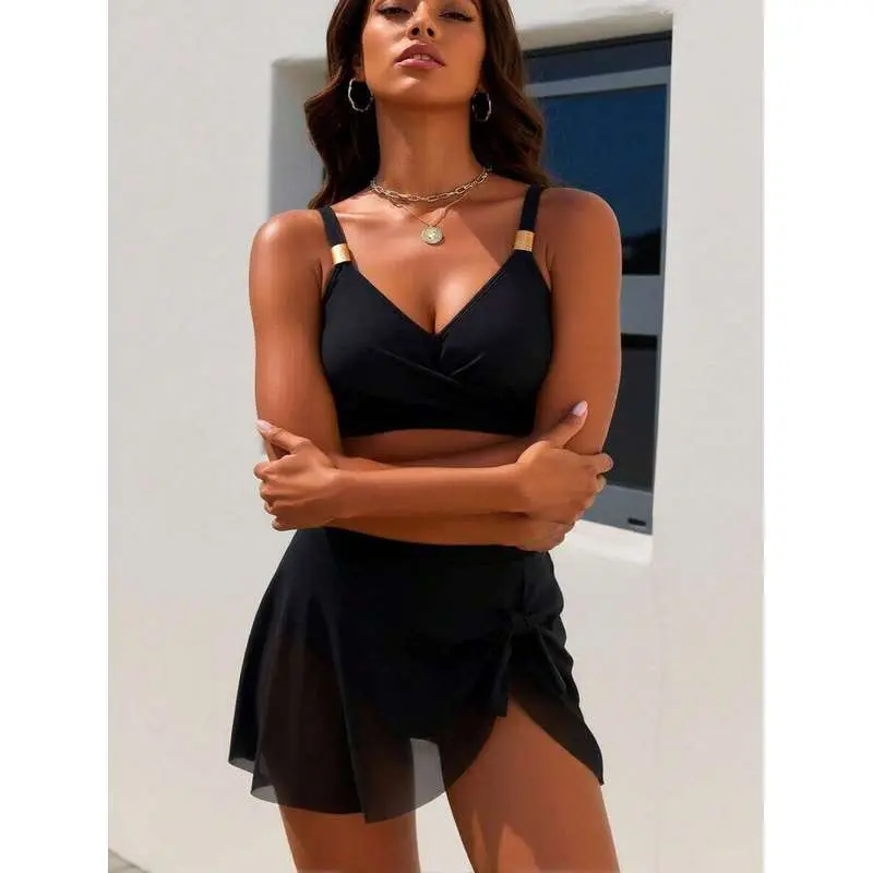 2026 New Black Two-Piece Bikini, Cross V-Neck Cami Top & Mesh Skirt Bottom, Sexy Tummy Control Slimming Swimwear