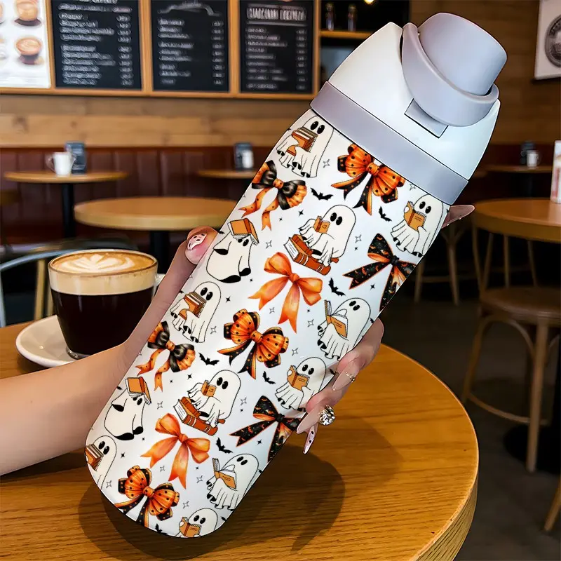 32oz Stainless Steel Sports Water Bottle Tumbler, Ghost Bow Design, Dual Mouth, Insulated, Perfect for Summer Halloween Gift, Outdoor Camping, Gym