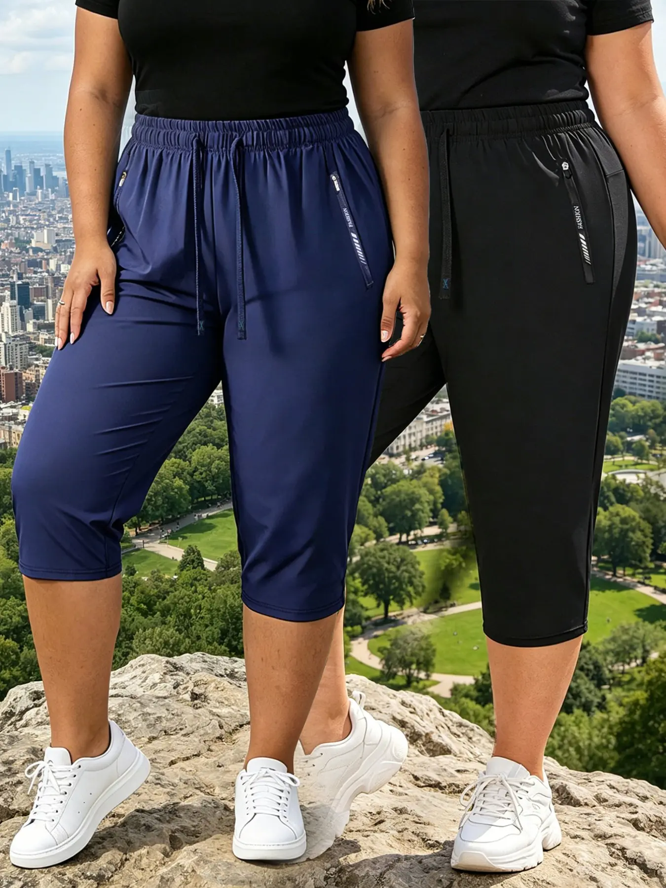 Women's Plus Size Elastic Waist Drawstring Capri Pants, Comfortable Sporty Cropped Shorts, Ideal for Gym and Casual Outing, Drawstring Workout Shorts