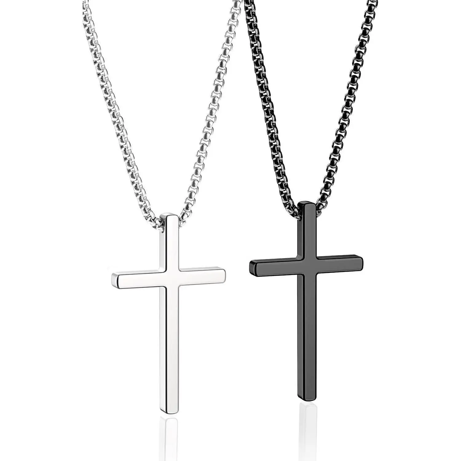 Men's Stainless Steel Cross Necklace 2-Pc Set - Silver & Black, 16-30in Waterproof Durable Faith Necklace, Father's Day Gift for Him, Men's Accessories with Gift Box, 2 Piece Sets, Gifts For Him, Jewelry
