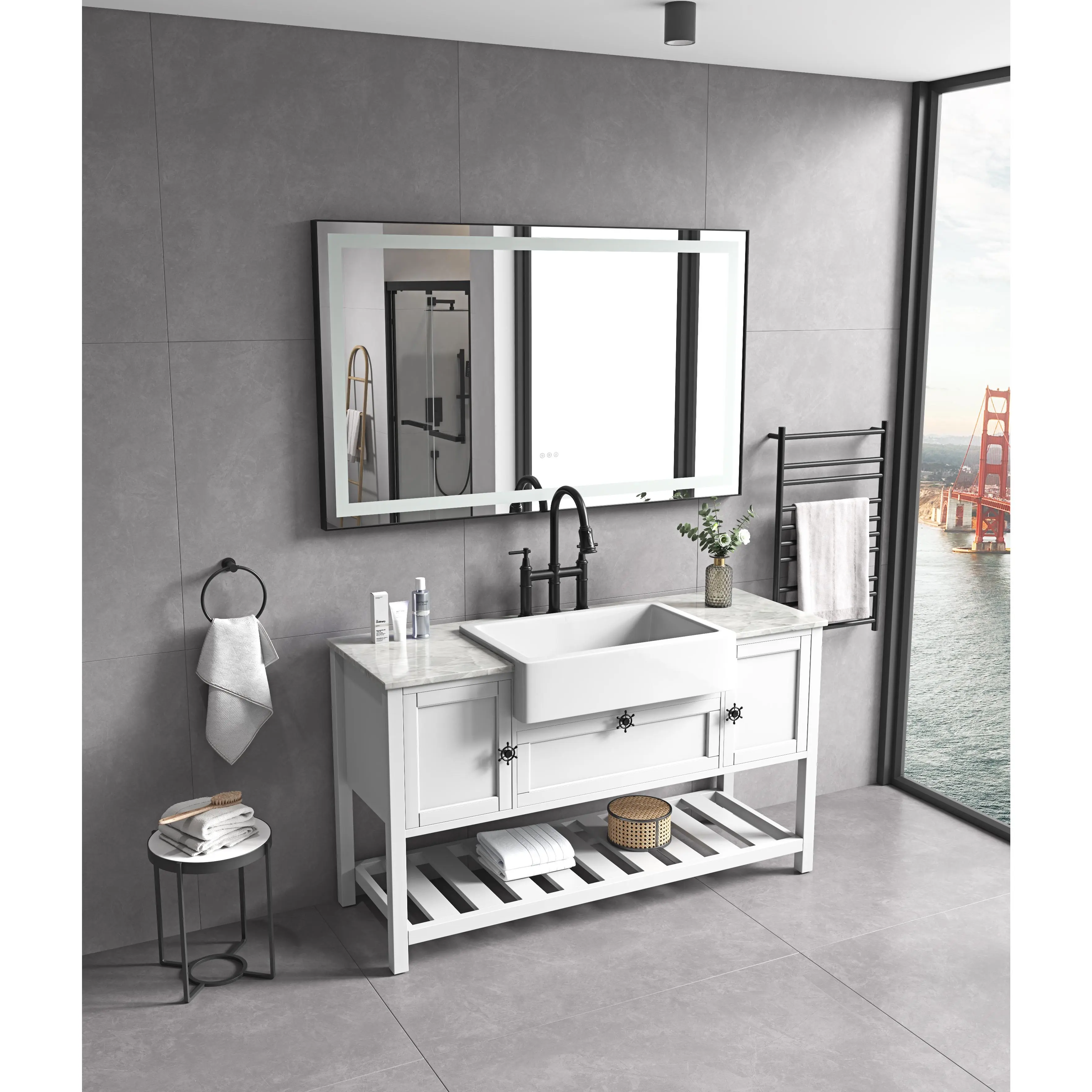 ARCH 72 in.W x 36 in.H Black Framed LED Bathroom Vanity Mirror with 3 Color Lights, Polished Crystal Smart Lighted Wall Mirror for Bathroom, Single Modern Illuminated Makeup Mirror with Dimmable Lighting, Bathroom Furniture for Vanity Area