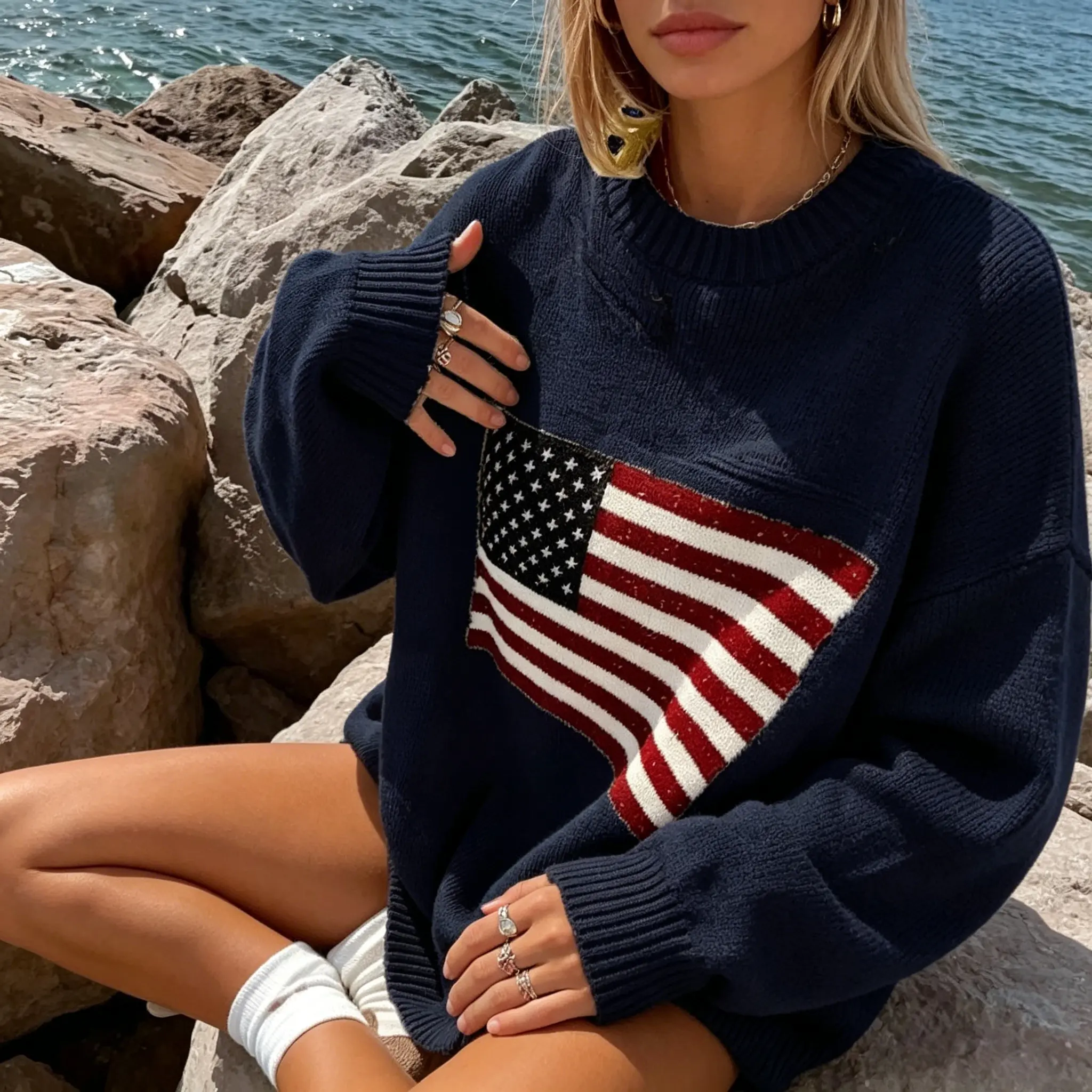 Hot Selling Women American Retro Star Flag Print Knit Sweater, Loose Round Neck Pullover, Soft Casual Daily Street Trendy Sohochic Chic Top, Multi‑Size Fashion Knit Top For Streetwear Daily Outfit