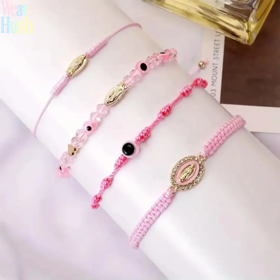 4‑Pack Mexican Lucky Red‑String Couple Bracelet Set, Mexican‑Style Jewelry Essentials, Braided Wristband with Evil Eye, Heart, San Judas & Virgin Mary Amulet, Meaningful Gift for Men & Women Anniversary Daily‑Wear