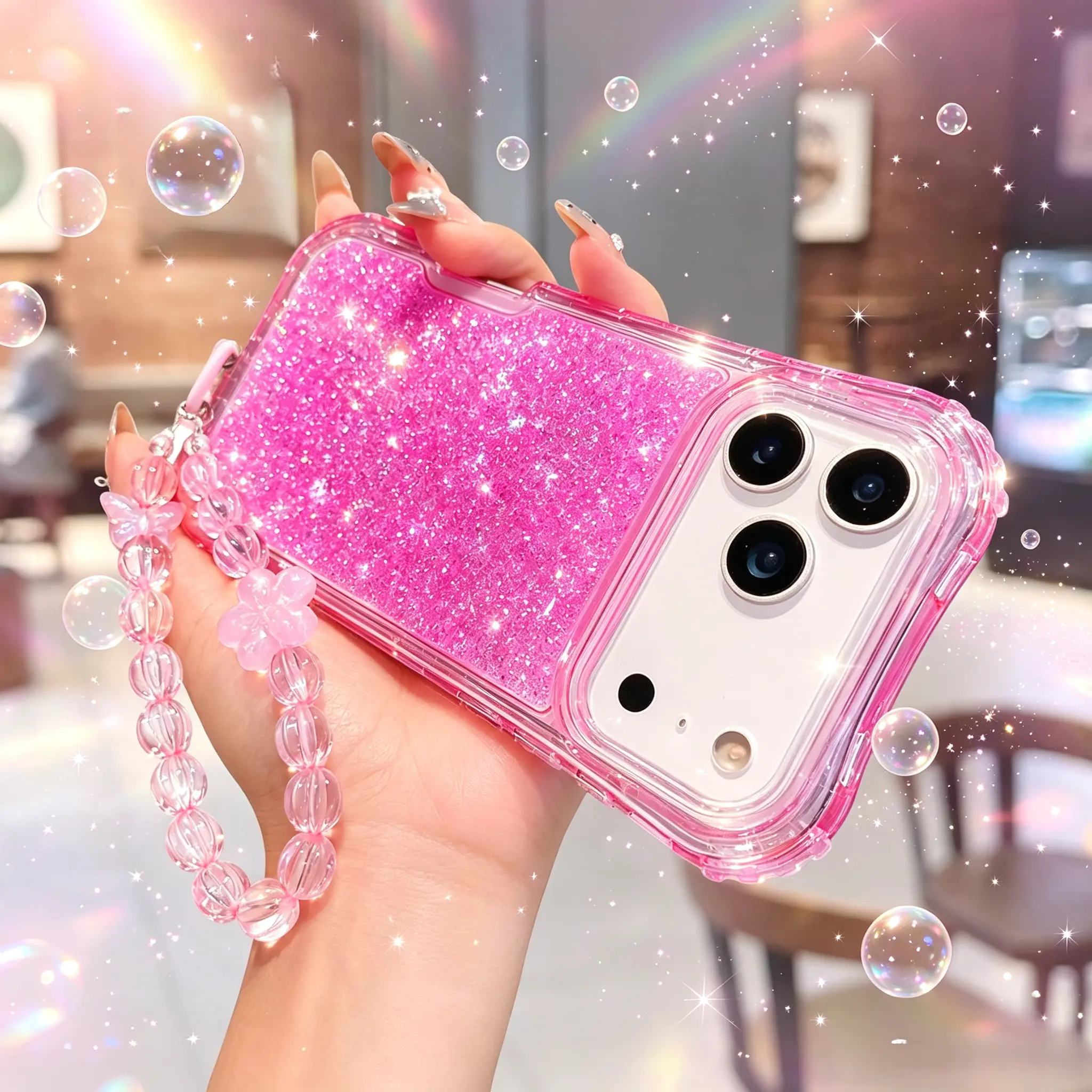Shockproof Bling Glitter Case with Wrist Strap for iPhone 17 Pro Max 16 15 14 13 12 11  Flower Beaded Wrist Strap, Aesthetic Sparkly Glitter Beads Bracelet Wrist Lanyard Case Protective Cover for Women Girls
