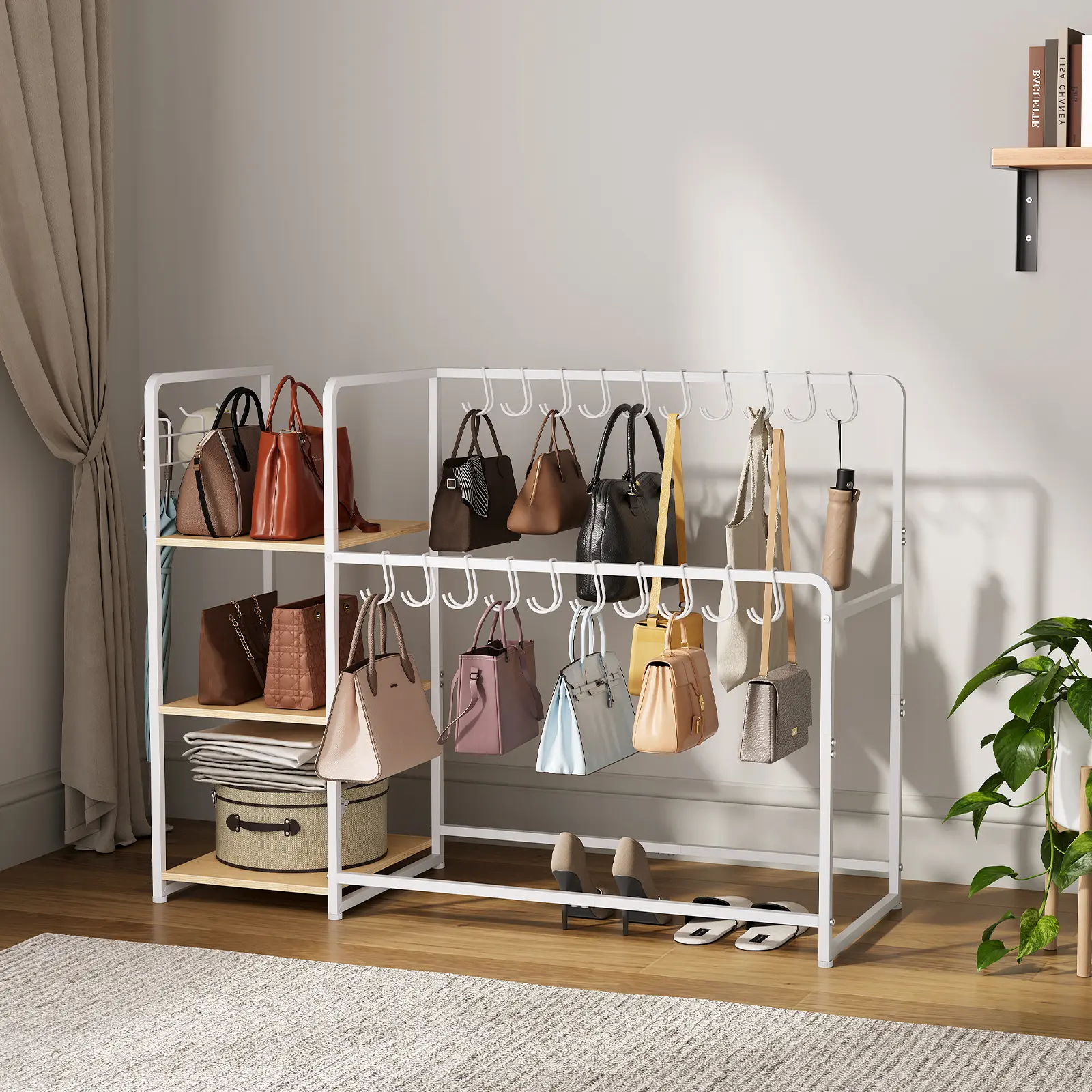 Rolling 3-Tier Wooden Purse Organizer, 20 Hangers and 3 Side Hooks – Freestanding Handbag Storage Shelf for Bedroom, Closet, Entryway