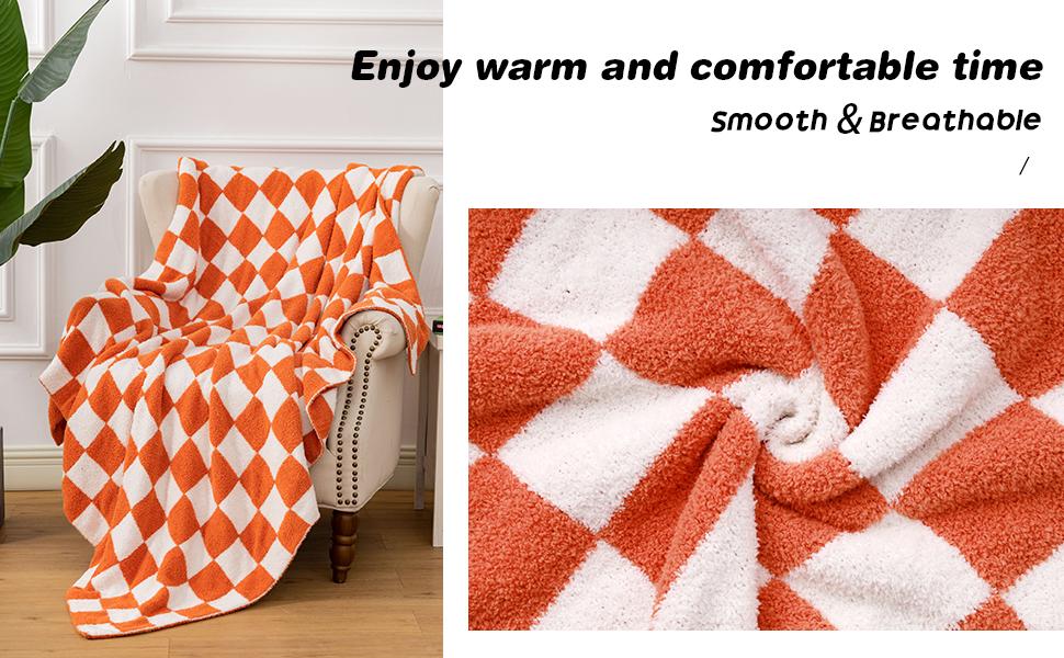 Cozy Knit Throw Blanket - Soft & Warm Checkerboard Grid Pattern for Couch, Bed - Gift for, Mom, Daughter (50x60 in, Orange)