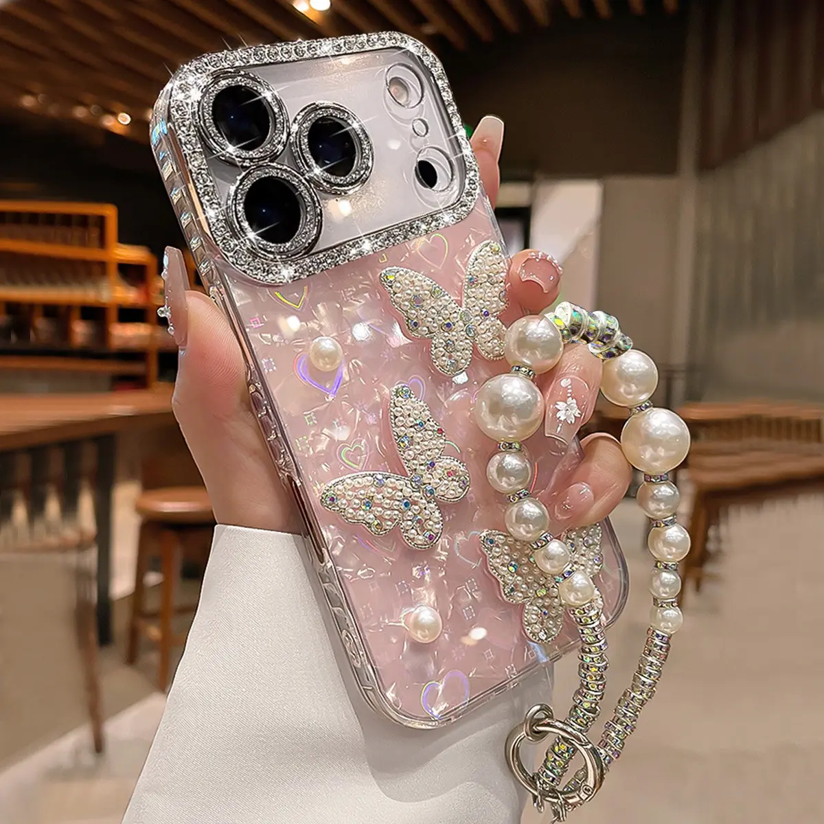 Compatible with iPhone 17 Pro Max/ 16/15/14/13/12 Pearl Bow Wristband Phone case for women -HN625-5