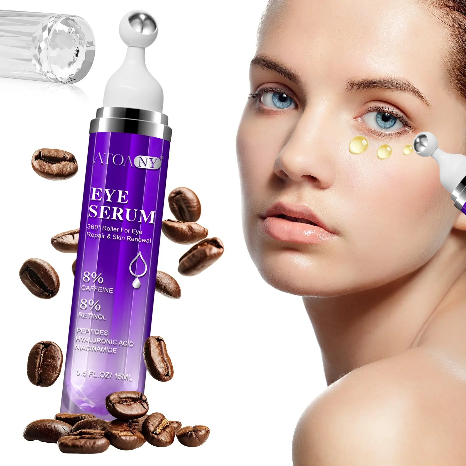 15ML Atoany Roll-On Eye Serum, Effectively Reduces Dark Circles and Puffiness, Special Care for Sleepless Baggy Eyes, Nighttime Eye Treatment, Eye Puffiness Reducer