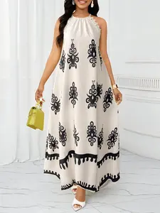 Women's Plus Size Fashion Casual Loose Fit Strapless Floral Long Dress, All-Season Comfortable Design, Perfect for Daily Wear