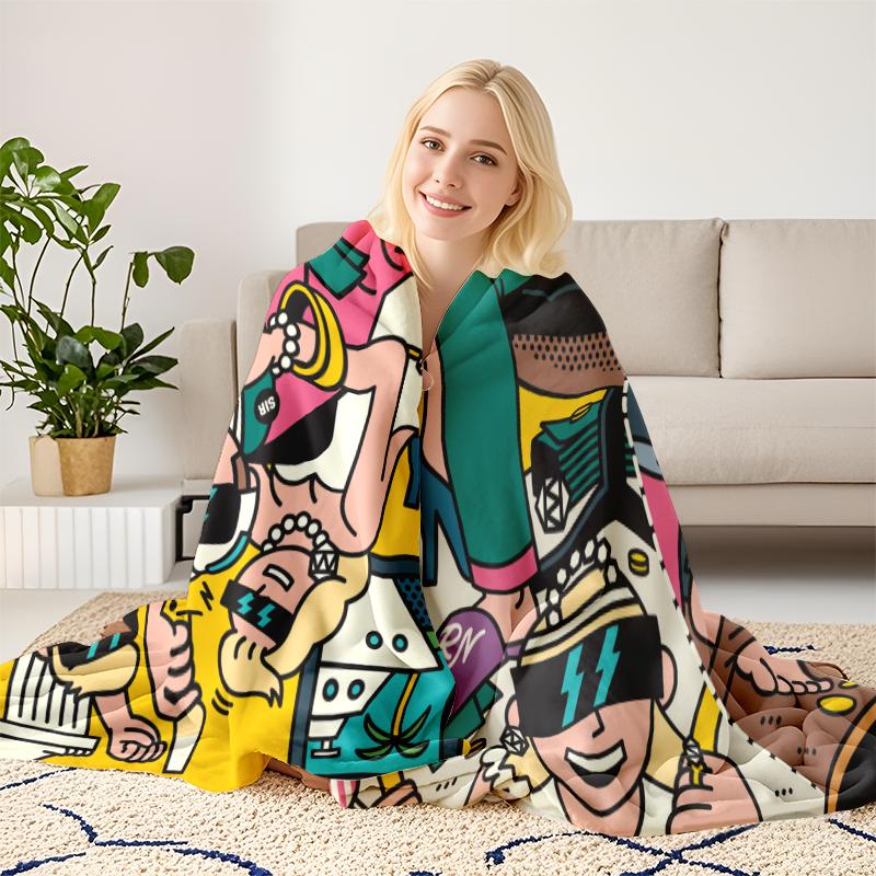 Cozy Flannel Blanket, Vibrant Pop Art Luxury Party & Yacht Scene Throw Blanket, All-Season Warm Rich Life Celebration Blanket for Couch, Bed, Camping & Gift, Aesthetic Bold Graphic Design Home Decor