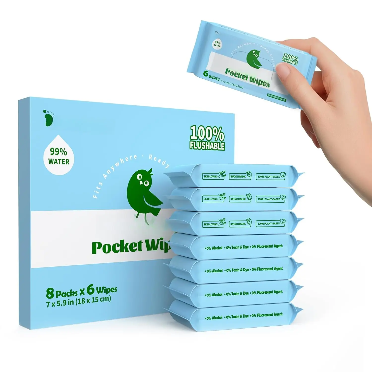 Flushable Wipes Travel Size, 99% Water Mini Wet Wipes for  ,  & Unscented  The Go Pocket Wipes, 48 Count (8 Packs of 6)