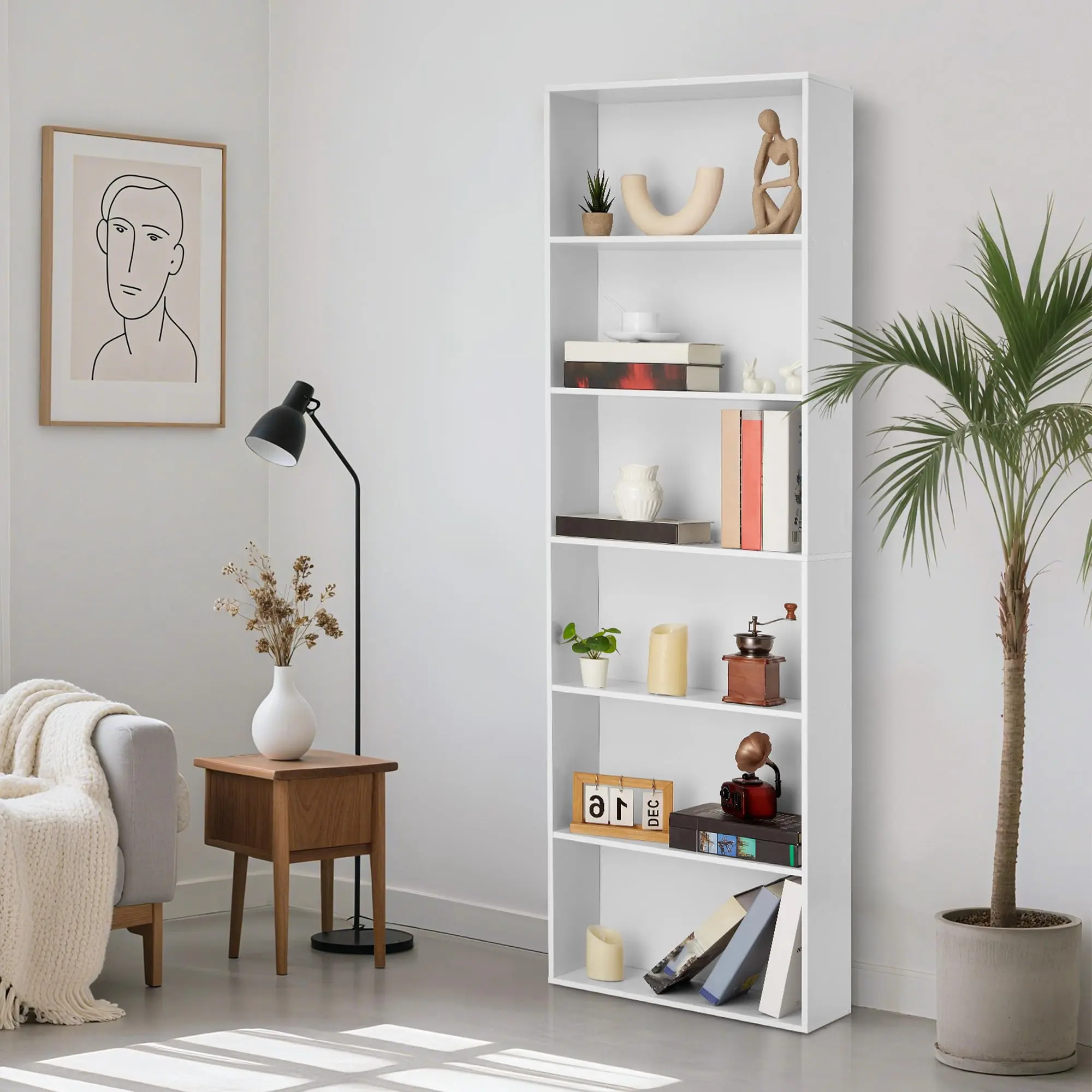 6-Tier Tall Bookcase - Industrial Rustic Open Bookshelf - Sturdy Wood Construction - Modern Farmhouse Organizer for Home Office, Living Room, Bedroom, Library