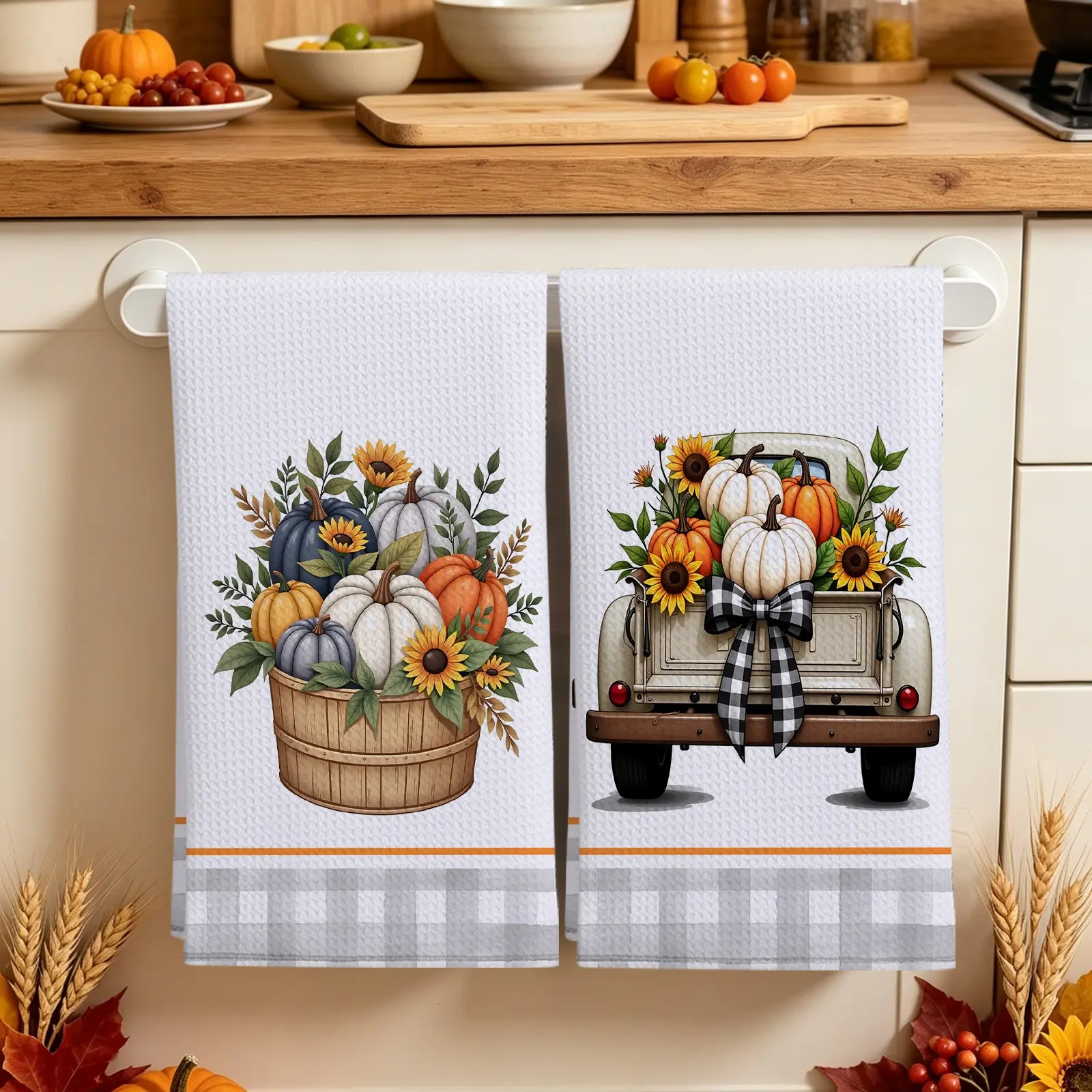 Waffle Kitchen Towel, Fall Thanksgiving Harvest Pumpkin Sunflower Car Dishcloth Hand Towel, Durable, Kitchen Decor, Neighbor Gift, Friend Moving Gift, Mom Gift, Birthday Gift