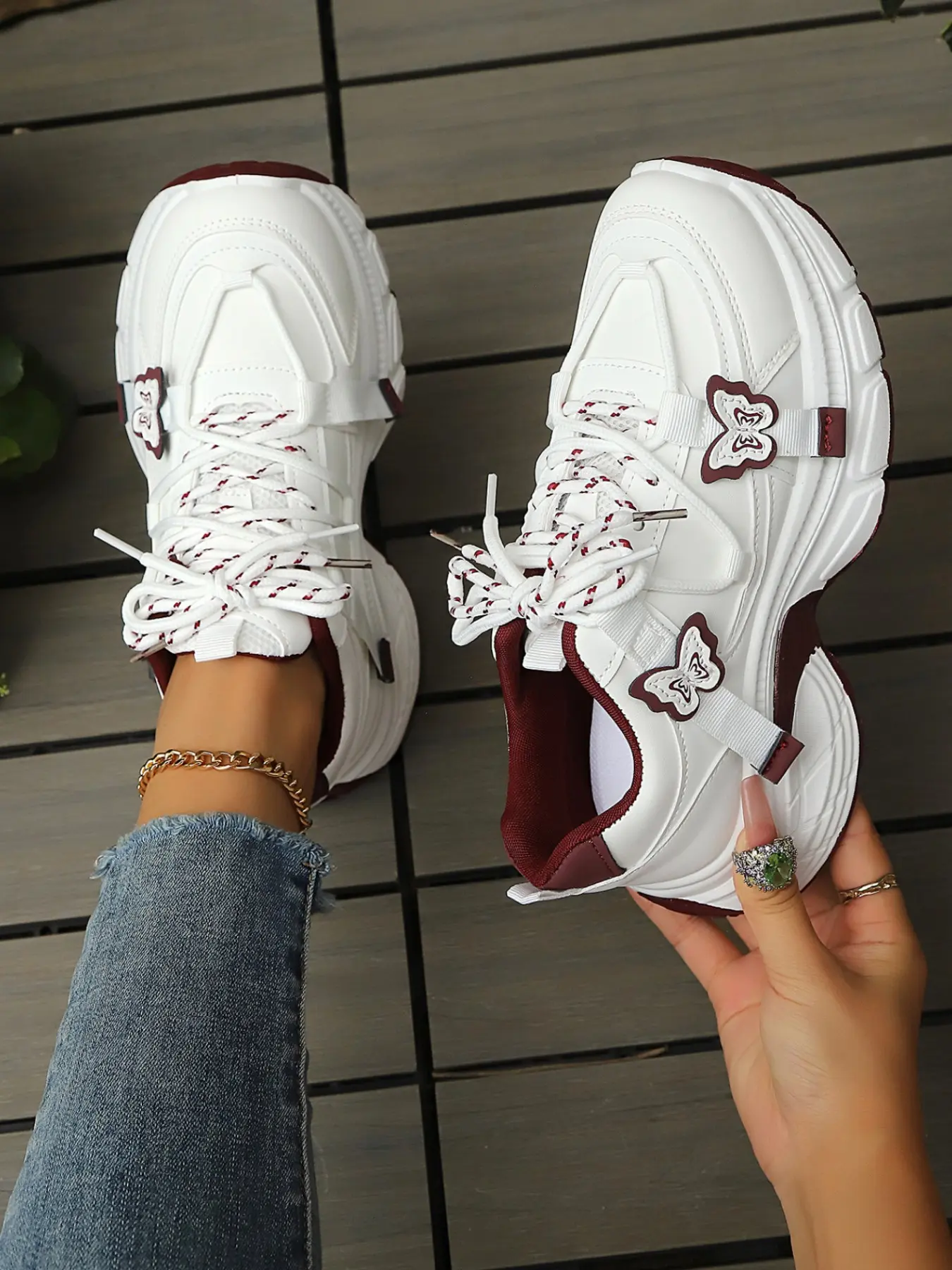 Women's Butterfly Decorated Thick Sole Lace-Up Dad Shoes, Height-Boosting Waterproof PU Leather Sports Shoes, Casual Comfortable Walking Sneakers