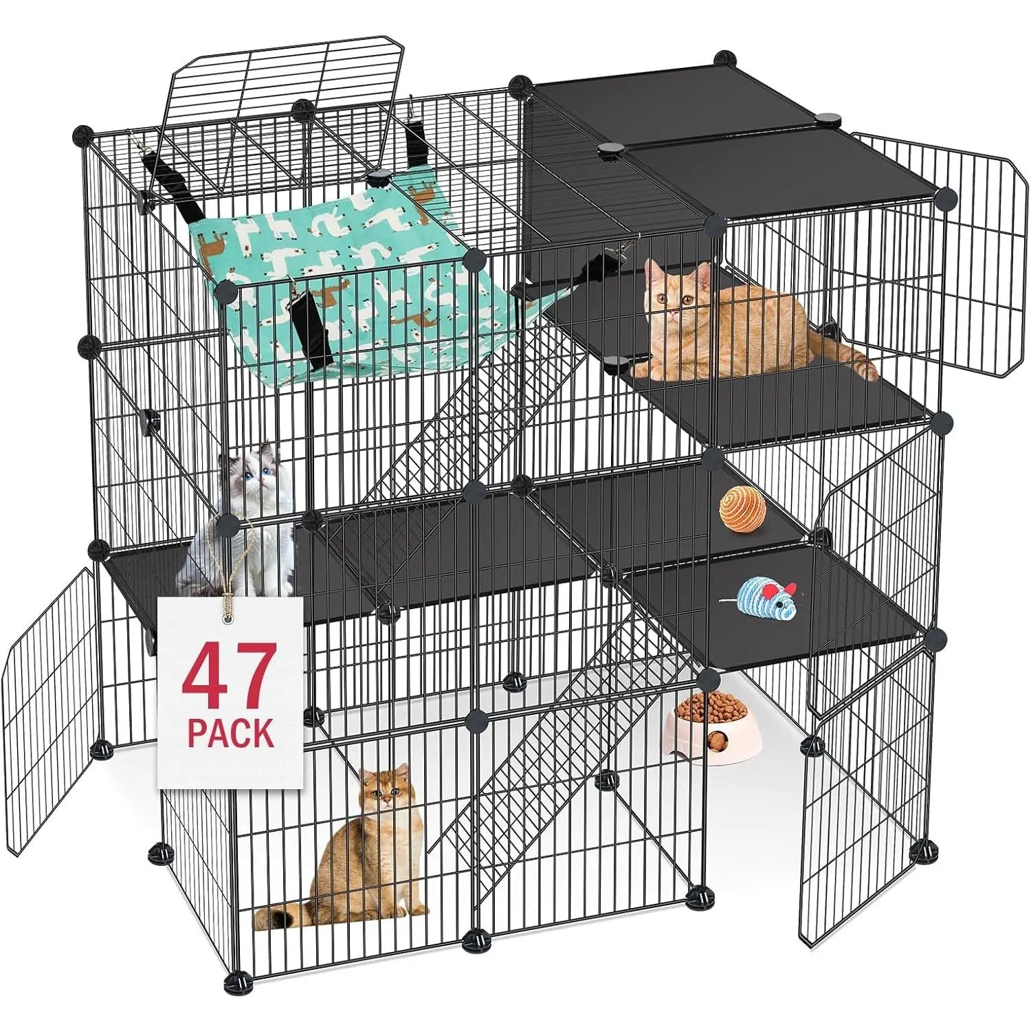 Cat Cage, 3-Tier DIY Cat Enclosures Catio, Cat Playpen Indoor & Outdoor with Hammock, Detachable Metal Wire Kennel Cats Crate, 2x3x3 Exercise Place for 1-3 Cats/Kitten