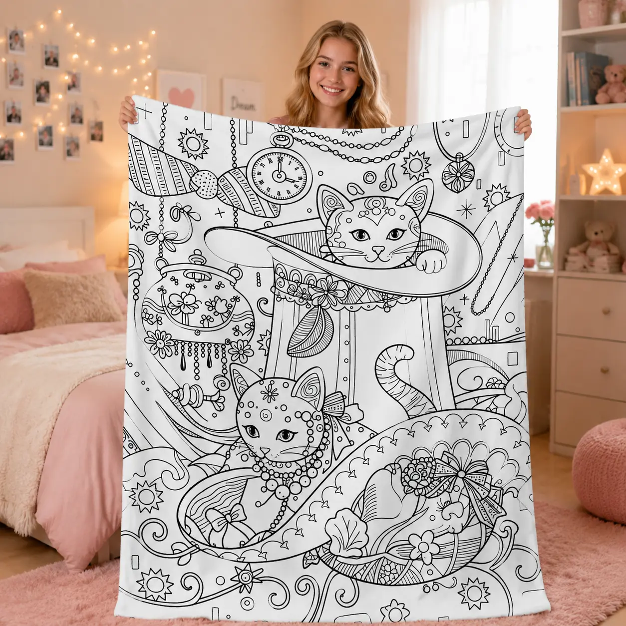 2D Flat Retro Magic Cat Coloring Blanket for Adults, Black White Line Art Flannel Throw Blanket, DIY Color Your Own Fleece Blanket, Arts & Crafts Family Activity, Soft Cozy Sofa Bed Blanket, Birthday Christmas Mother's Day Housewarming Gift for Cat Lovers