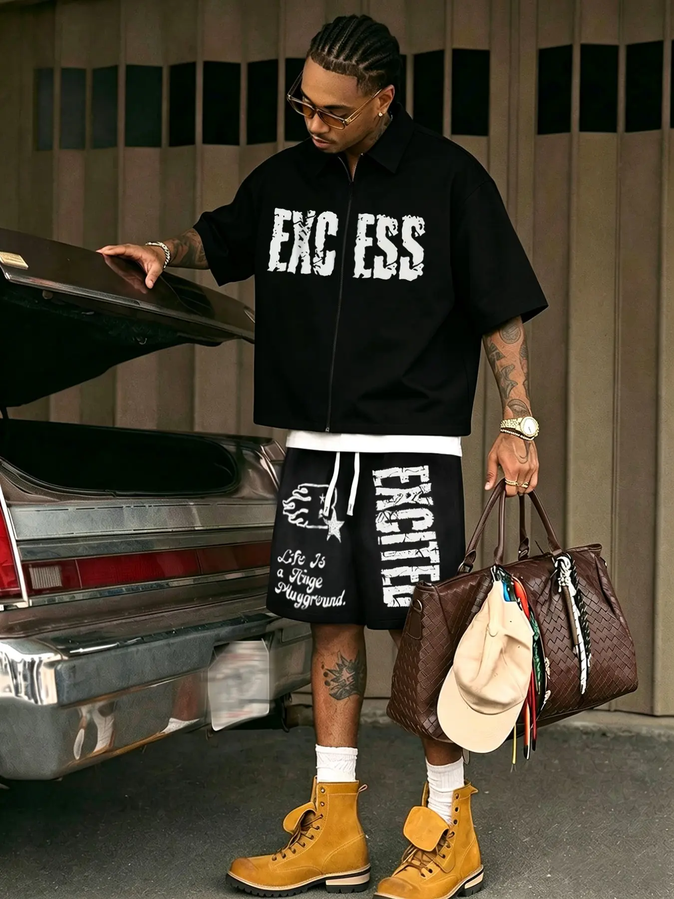Unisex Shirt and Shorts Set, Loose Fit Zipper Design, Summer Streetwear, Graphic Letter Print, Casual Fashion for Men and Women
