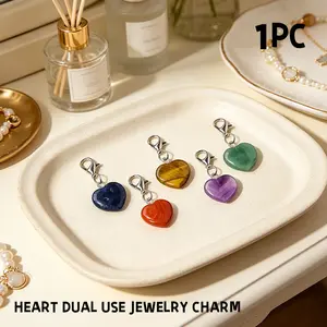 Natural Gemstone Heart DIY Pendant Connector, Charms & Lobster Clasp, Jewelry Making Accessory, Handmade Bag Charm Ornament