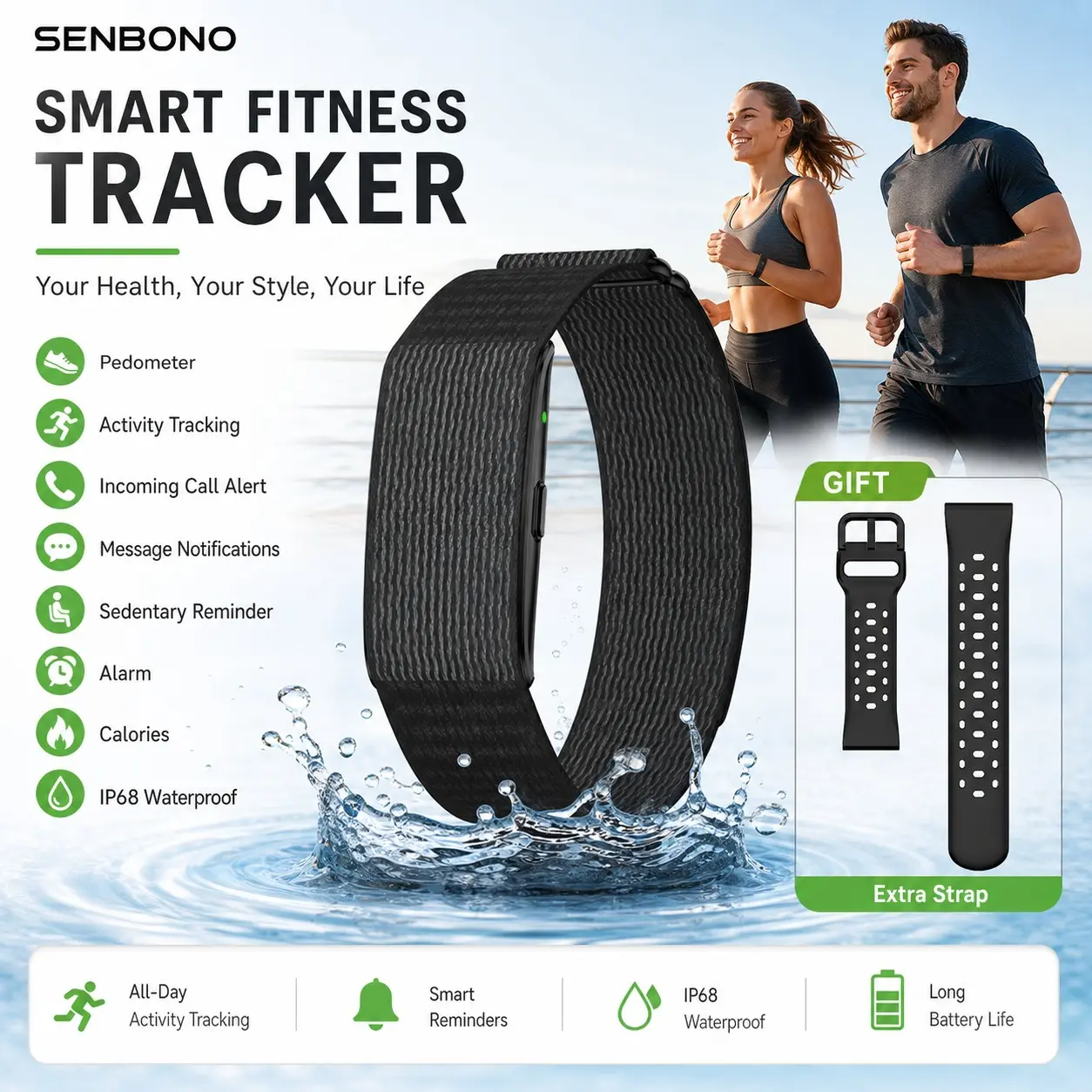 SENBONO Smart Bracelet Bluetooth 5.2 Smart Watch,Sleep Monitoring, 100+ Sports Tracking, Call Reminder & Message Notification, long Standby, IP68 Waterproof