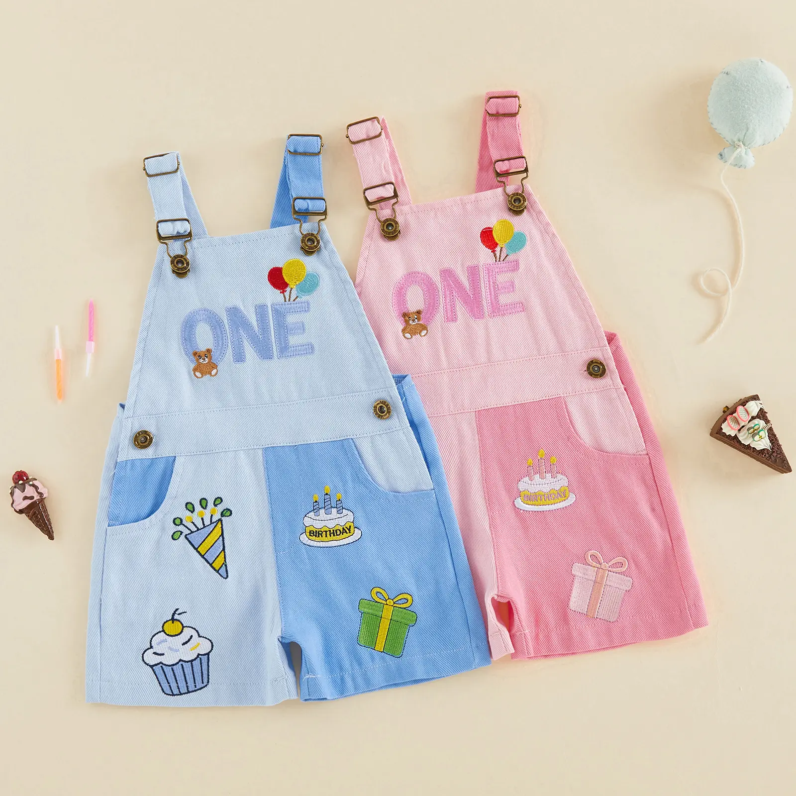 Babamoon Toddler Baby Girl Boys Birthday Overalls Shorts Letter One Cake Embroidery Sleeveless Romper Overalls Jumpsuit Infant Summer Cake Smash Outfits