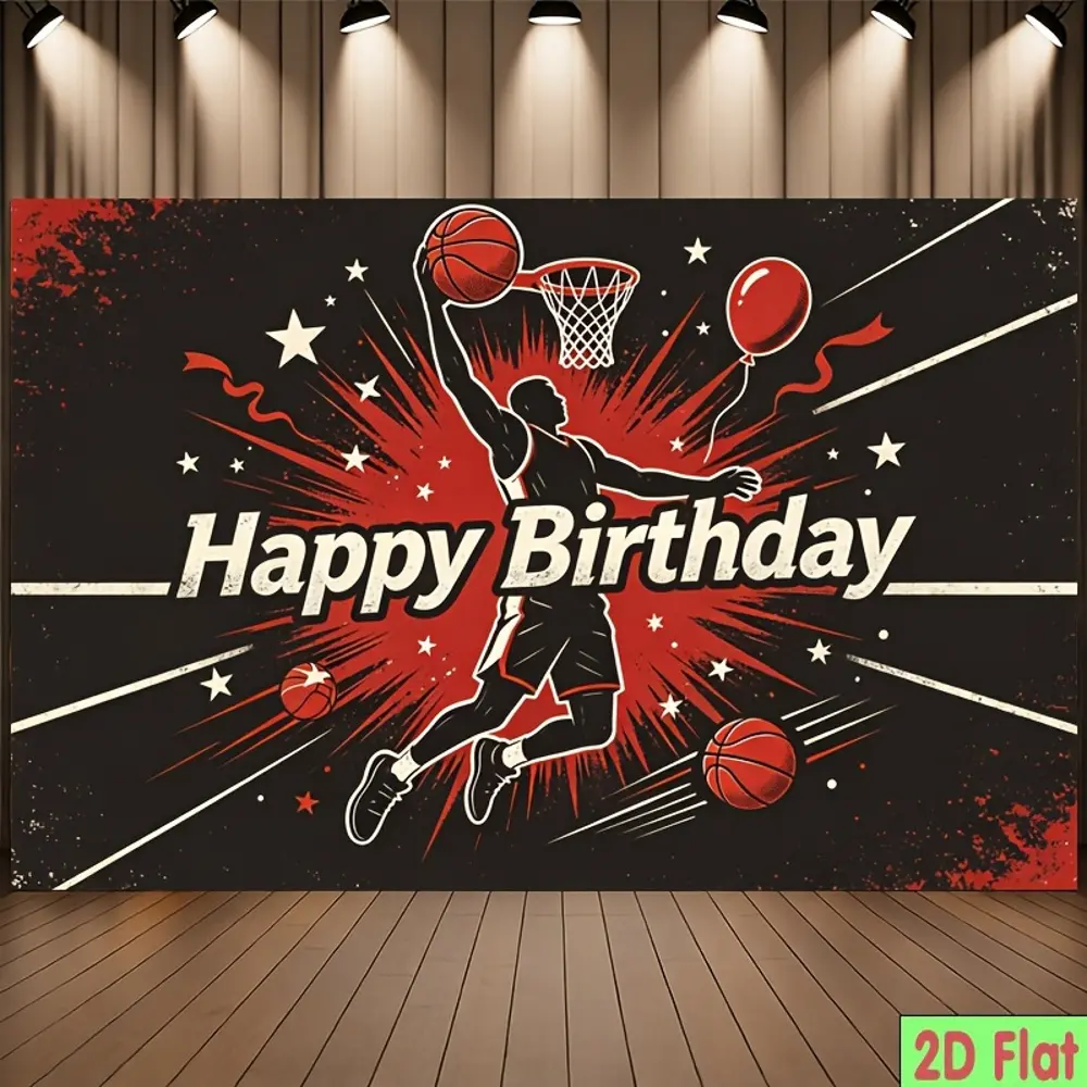2D Flat HD Digitally Printed Polyester Basketball-Themed Happy Birthday Backdrop, Soft Lightweight Foldable Banner Cloth for Birthday Parties, Photo Booths, Portrait Shoots