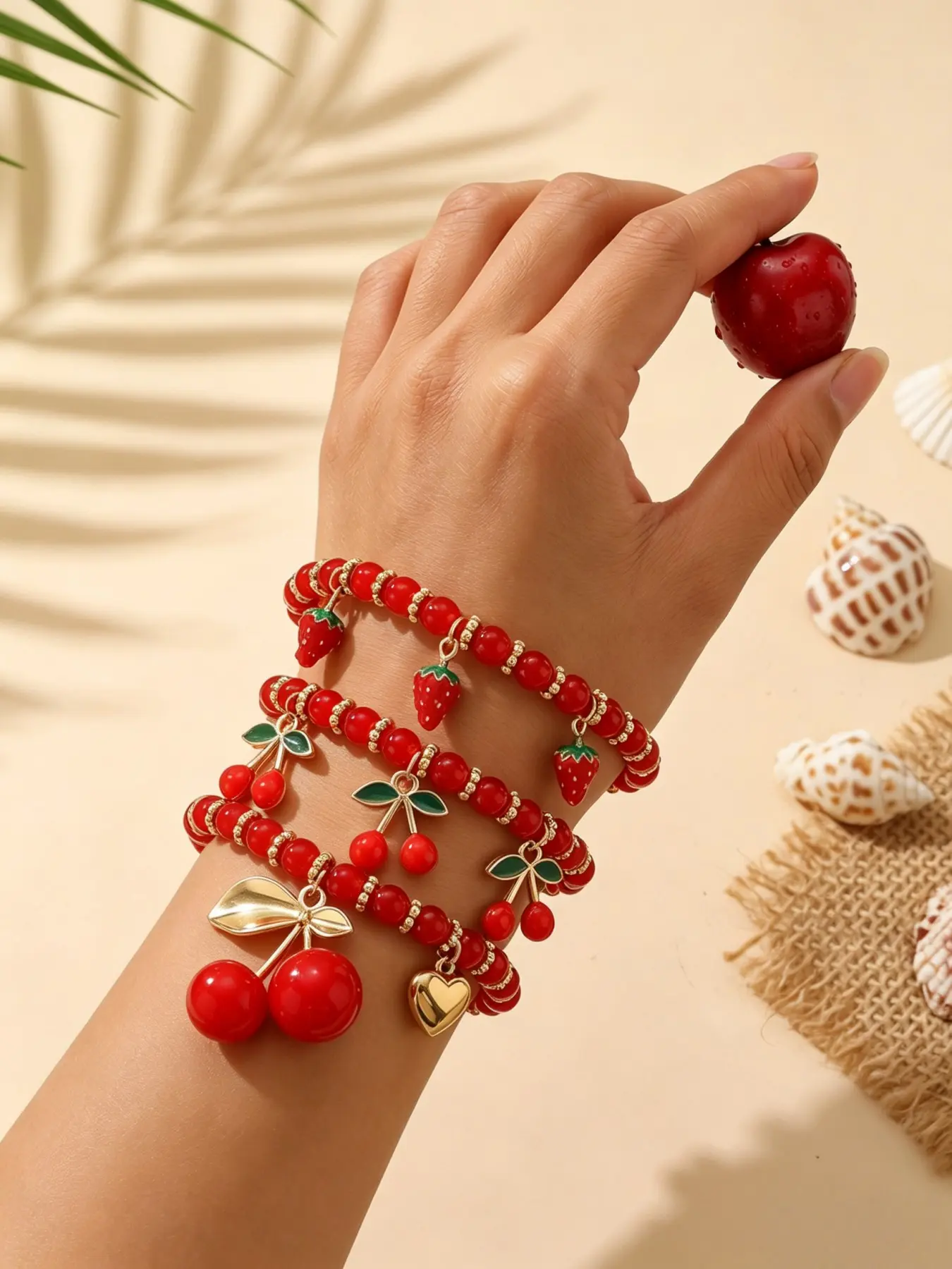 3PCS Women's Cute Red Beaded Stretch Bracelet Set, Enamel Cherry Strawberry Heart Charm Bracelets, Sweet Fruit Pendant Stackable Wrist Jewelry for Girls Daily Party Gift