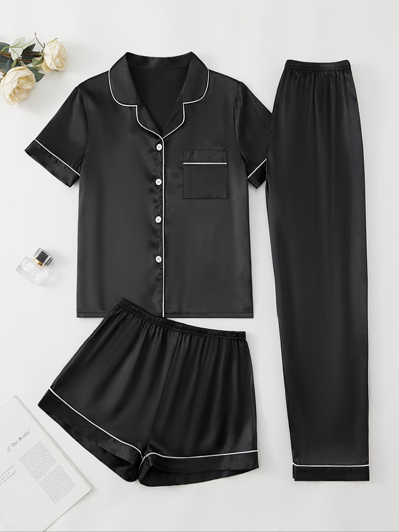 Women's 3pcs Solid Contrast Binding Lapel Collar Button Front Shirt & Elastic Waist Shorts & Pants Satin Pyjama Set, Casual Comfy Top & Shorts & Trousers PJ Set, Pajama Set, Ladies Summer Sleepwear