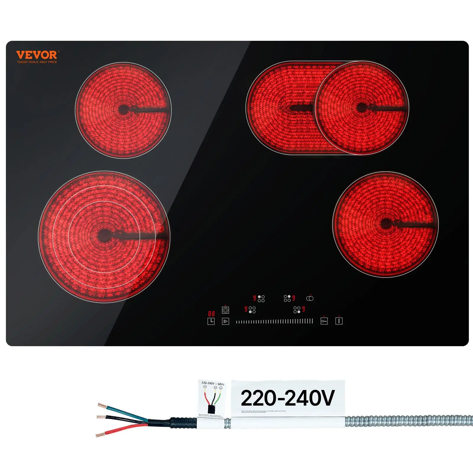 VEVOR Built-in Electric Glass Top Stove, 30 in Rectangular 4-Burner 240V Radiant Cooktop with Sensor Touch Control, Timer, Child Lock, 9 Power Levels for Simmer Fry