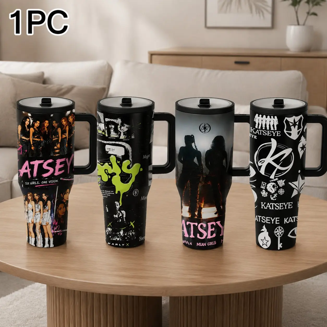 1 Pc 40oz KATSEYE Kpop Girl Group Tumbler with Handle, Double Wall Vacuum Insulated Stainless Steel Travel Mug, Flasks, Keeps Drinks Cold 24H & Hot 12H, Aesthetic Music Fan Coffee Cup, Cute Gift for Teens, Girls, Fans, School, Halloween & Daily Use