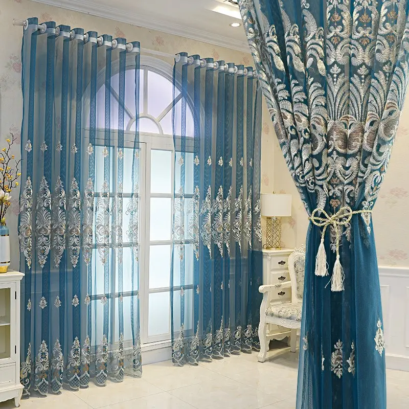 New European Embroidered American Privacy Window Curtain, Blue Living Room Balcony, Perforated Transparent Sheer, Easy Installation, Curtain for Windows
