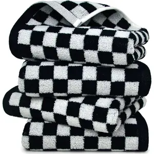 Black and White Hand Towels 4 Pack, Cotton Decorative Bathroom Hand Towels & Checkered Kitchen Decor, 13" x 29"