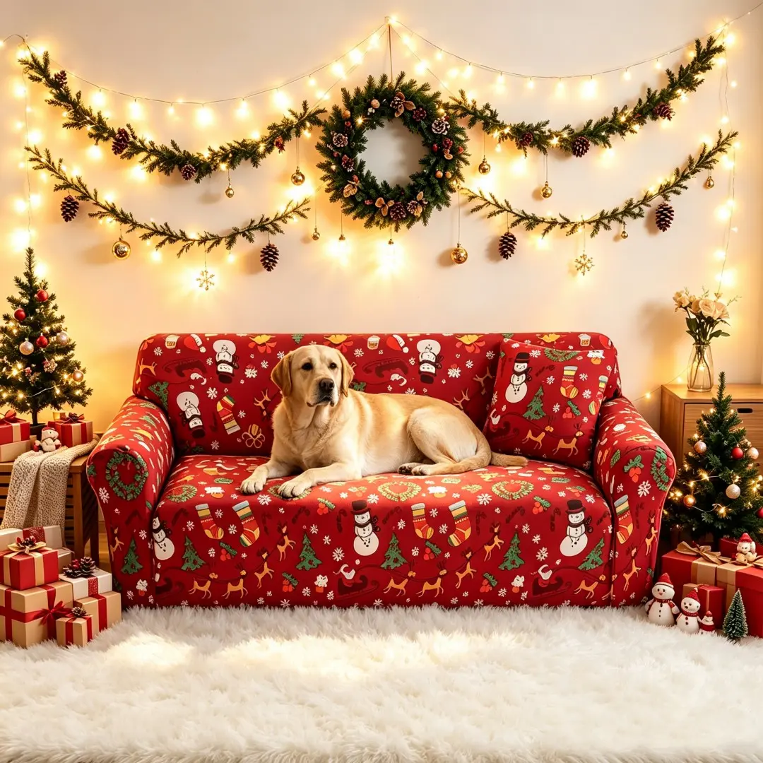 Stretchable Christmas Print Sofa Cover, Includes Pillowcase, Santa and Reindeer Design, Universal Elastic Sofa Protector, Holiday Decor