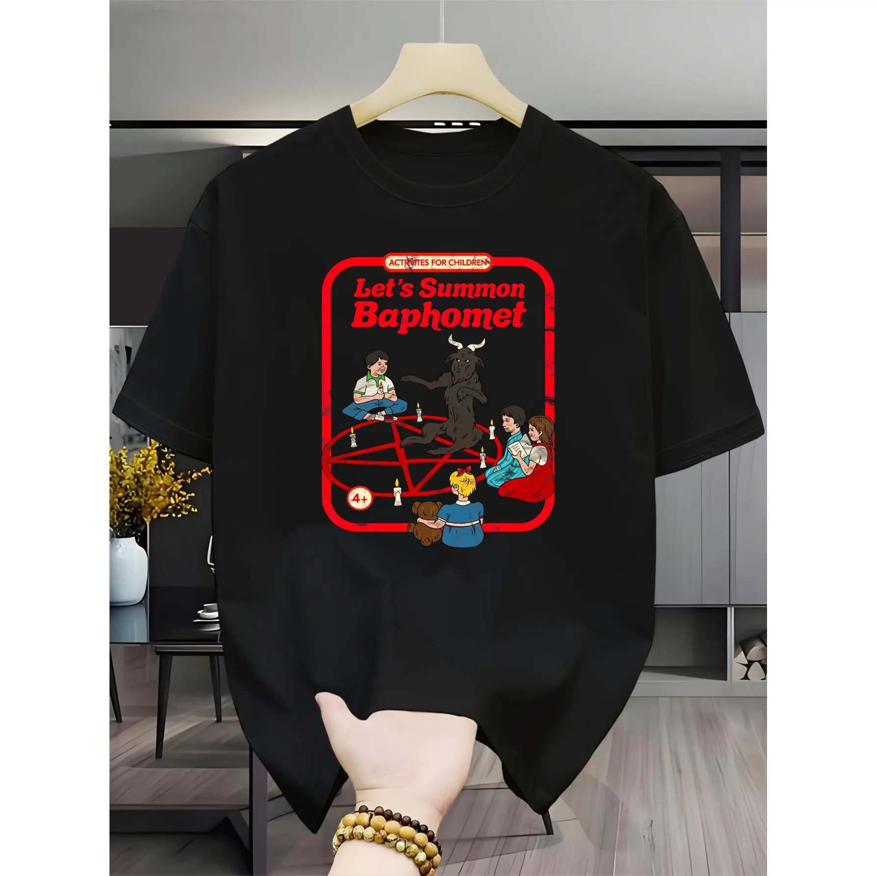 Let's Summon Baphomet Activities for Children Men's Casual Short-sleeve Round-neck T-shirt Easy-to-care Versatile Top Printed Round Neck Slightly Stretchable T-shirt Halloween Christmas Holidays Birthday Gifts