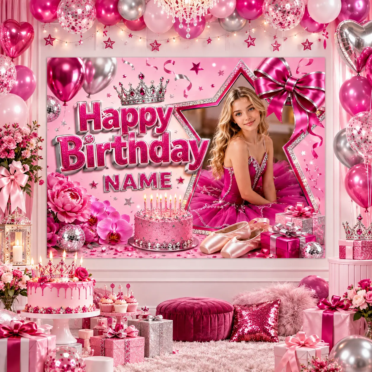 Custom Photo & Name Birthday Backdrop, Hot Pink Ballerina Bow Crown Roses Cake Gifts Glam Ballet Party Photo Booth Decor