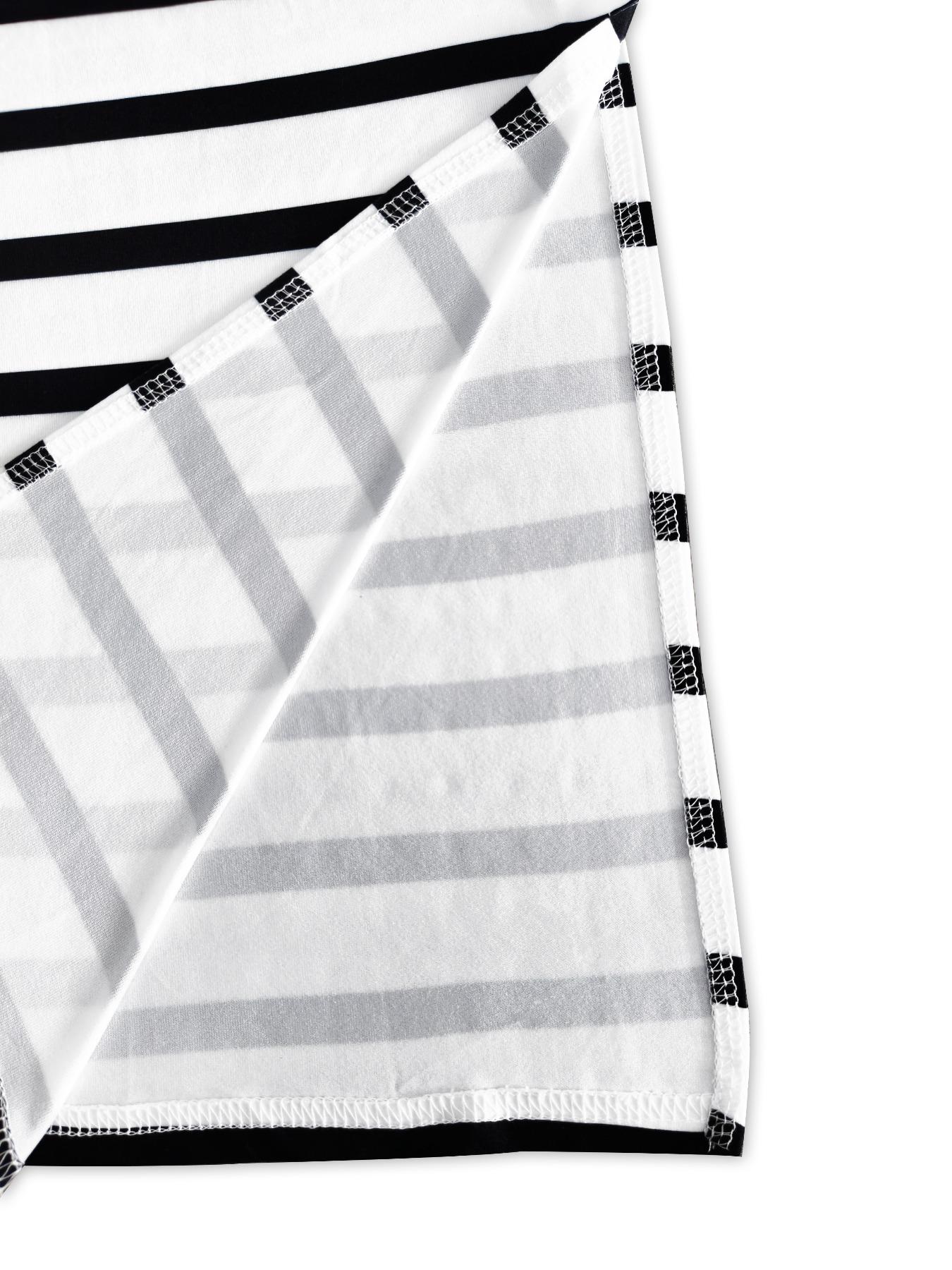 A comfortable casual chic fitted black and white contrasting striped slit round neck knitted long dress for women, suitable for daily leisure and vacation wear