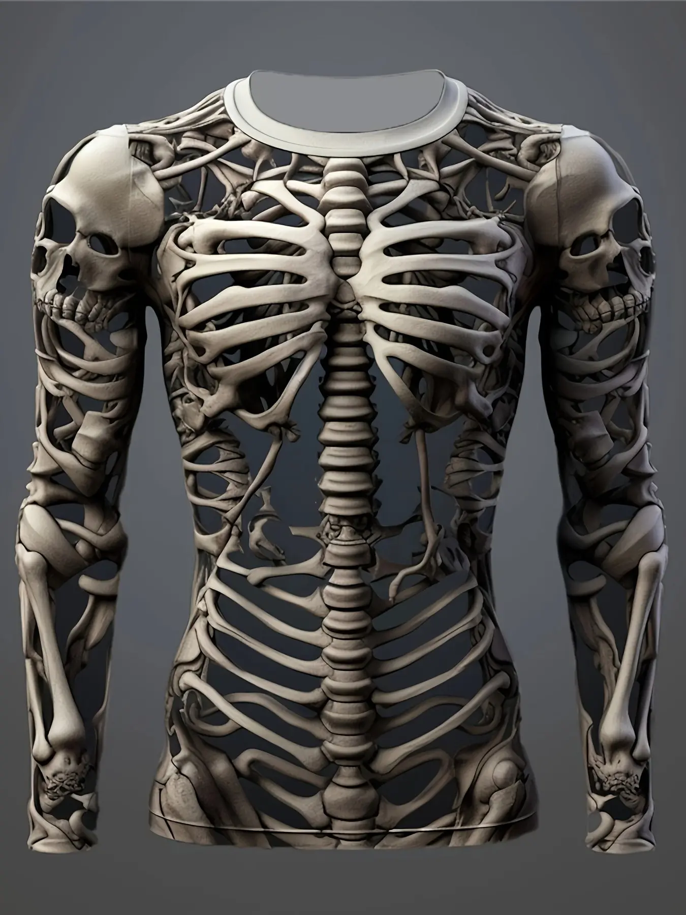 Halloween 3D Skull Print Long Sleeve T-Shirt, Menswear, Dark Gothic Style, Streetwear Aesthetic, Slim-Fitting, All-Over Print, Unisex Casual Top